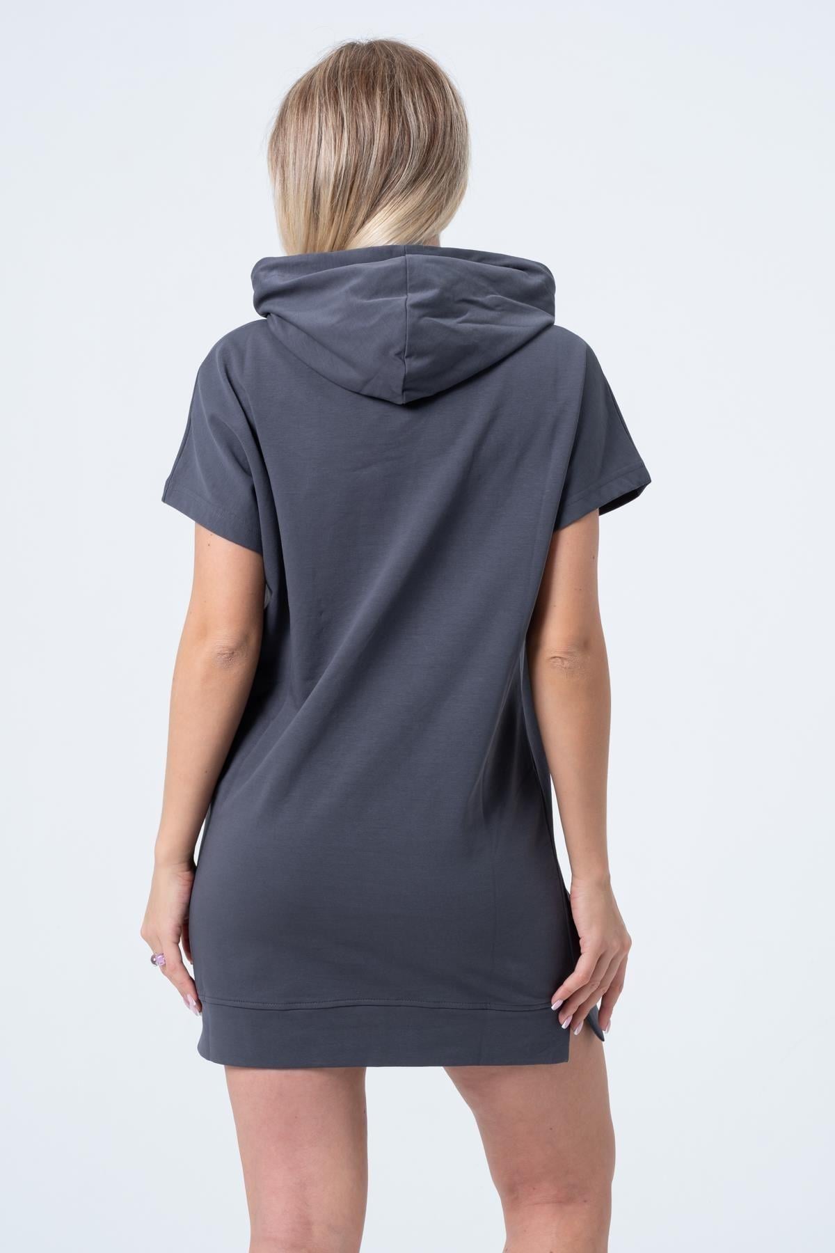 Füme Uzun Sweatshirt Elbise Tunik Kısa Kollu Kanguru Cepli