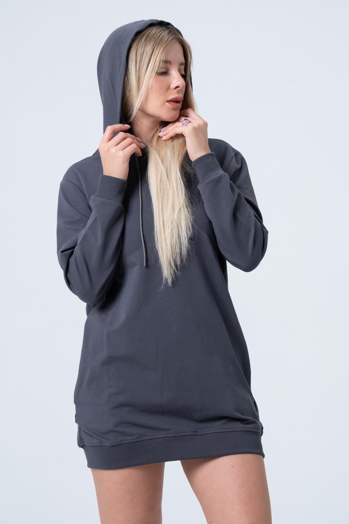 Füme Uzun Sweatshirt Elbise Tunik Uzun Kollu Yandan Cepli