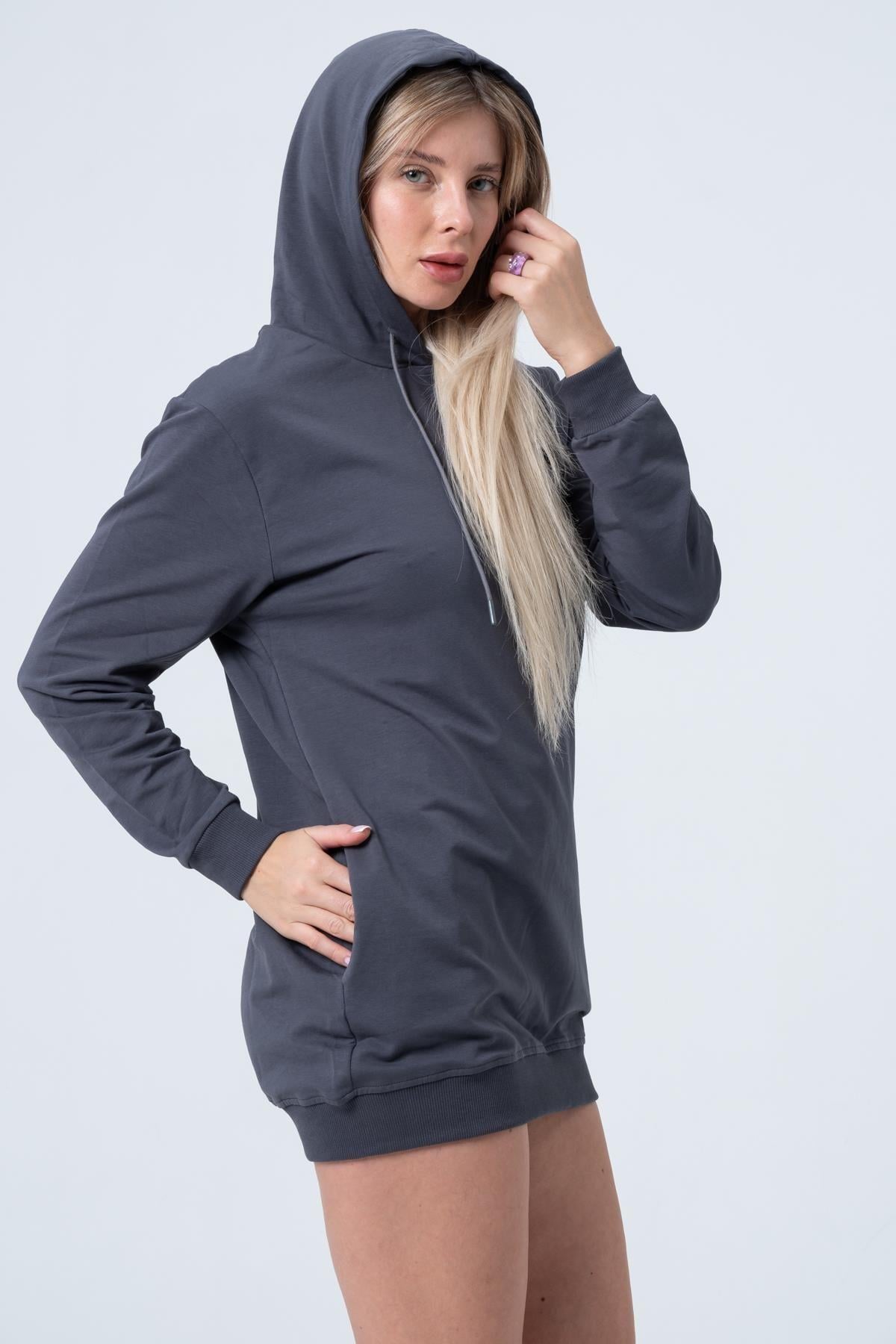 Füme Uzun Sweatshirt Elbise Tunik Uzun Kollu Yandan Cepli