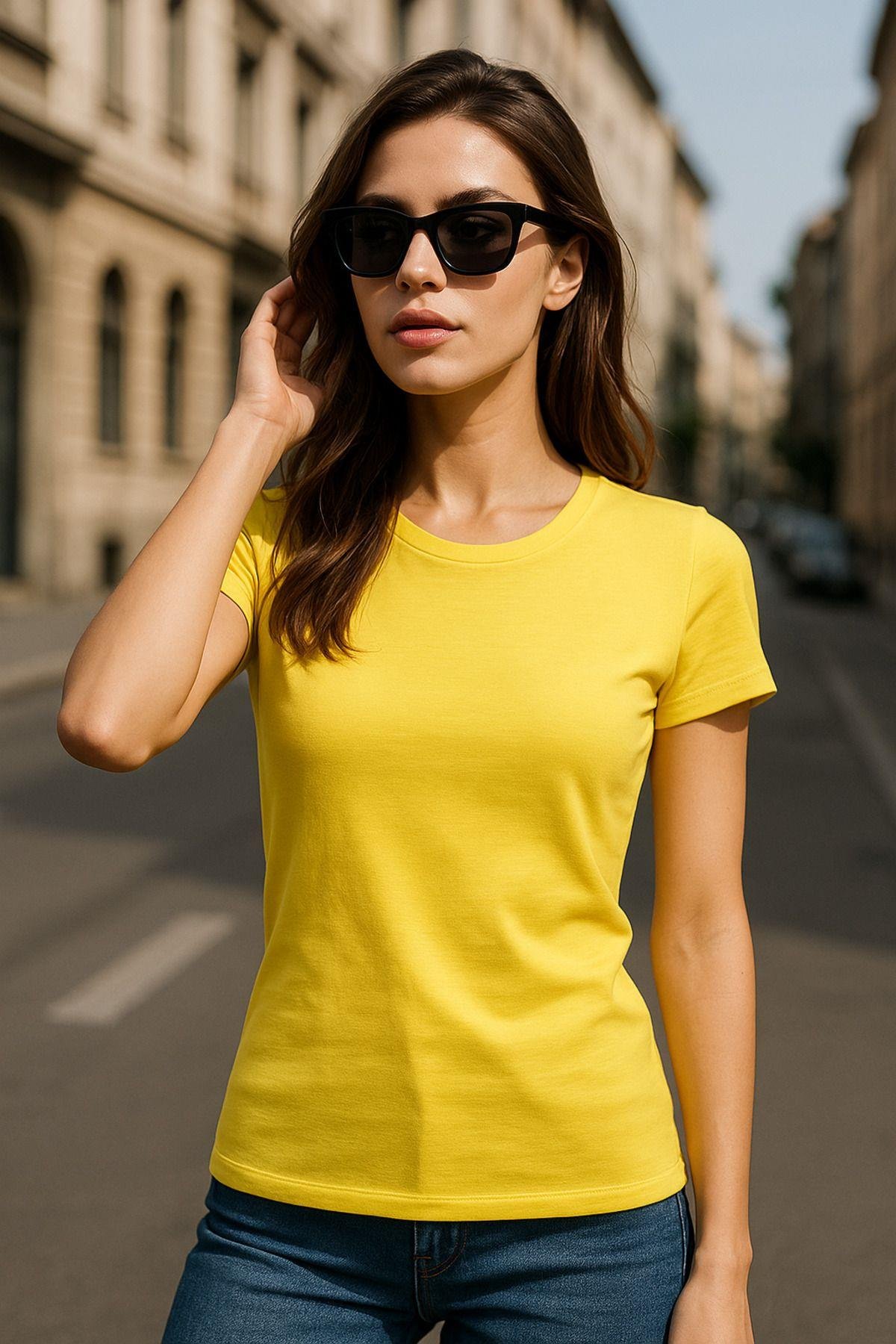 Kadın %100 Organik Pamuklu Relaxed Yıkamalı T-shirt Bisiklet Yaka Kısa Kollu Kadın Basic Tişört