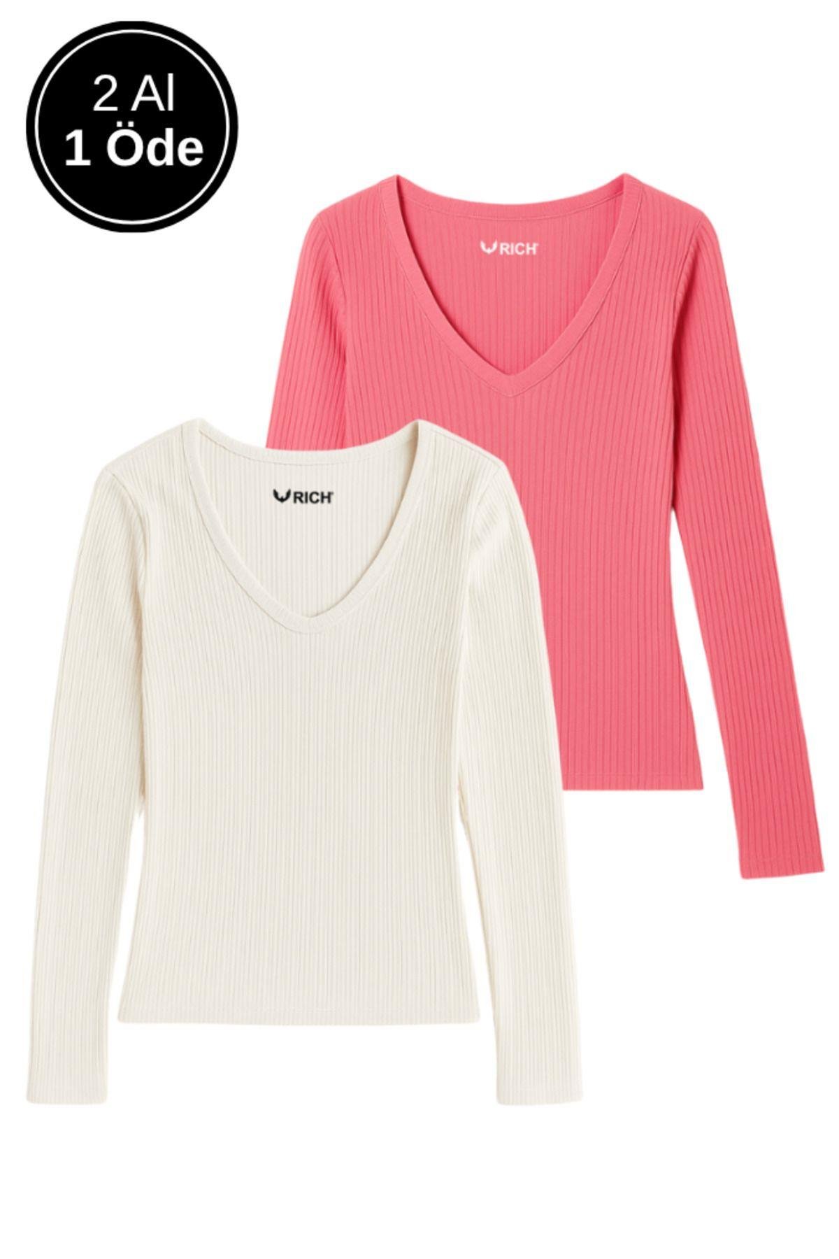 Kadın 2'li Beyaz-Pembe Basic Paket Pamuklu Nefes Alabilen Kumaş - Vücudu Saran Uzun Kollu Bluz