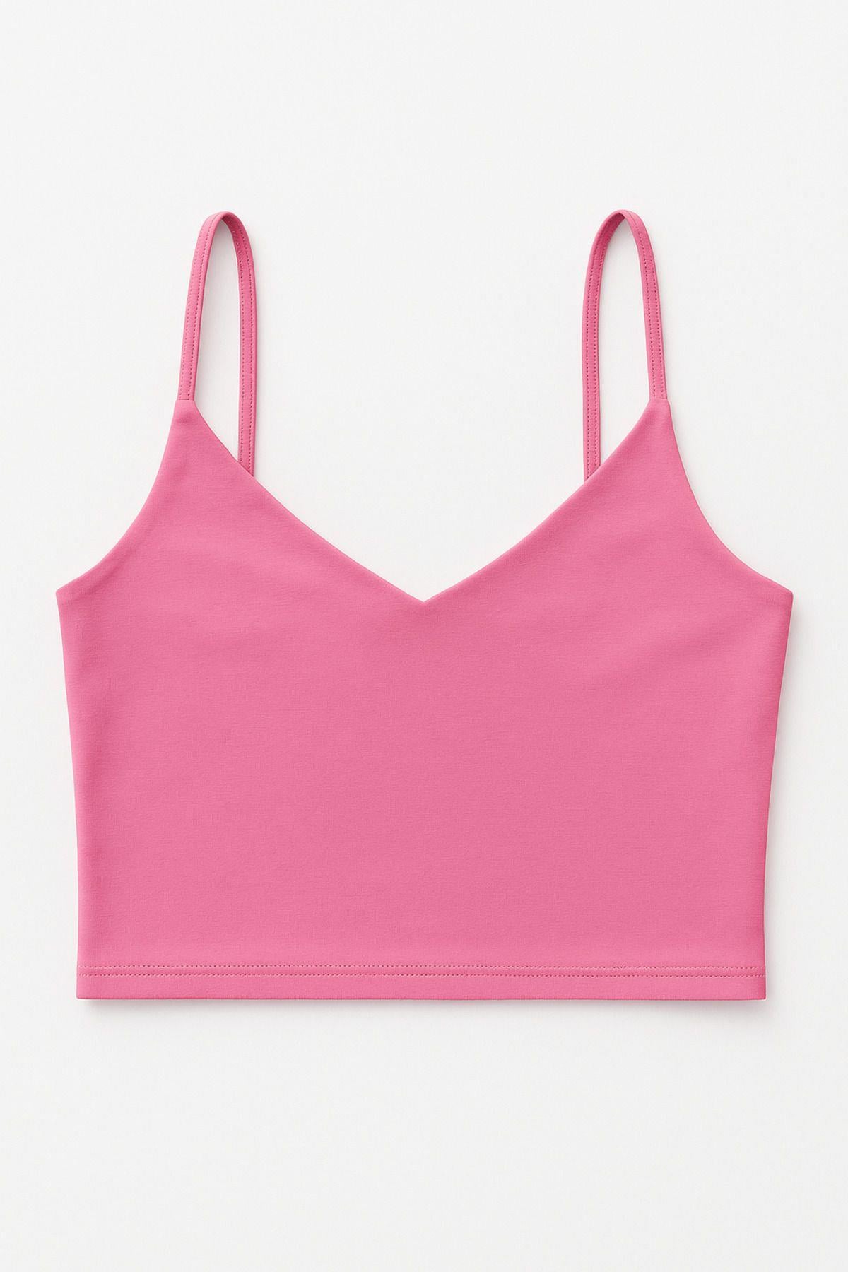 Kadın 2'li Paket Pembe Beyaz Kısa Crop İp Askılı V Yaka Krop Bluz Büstiyer