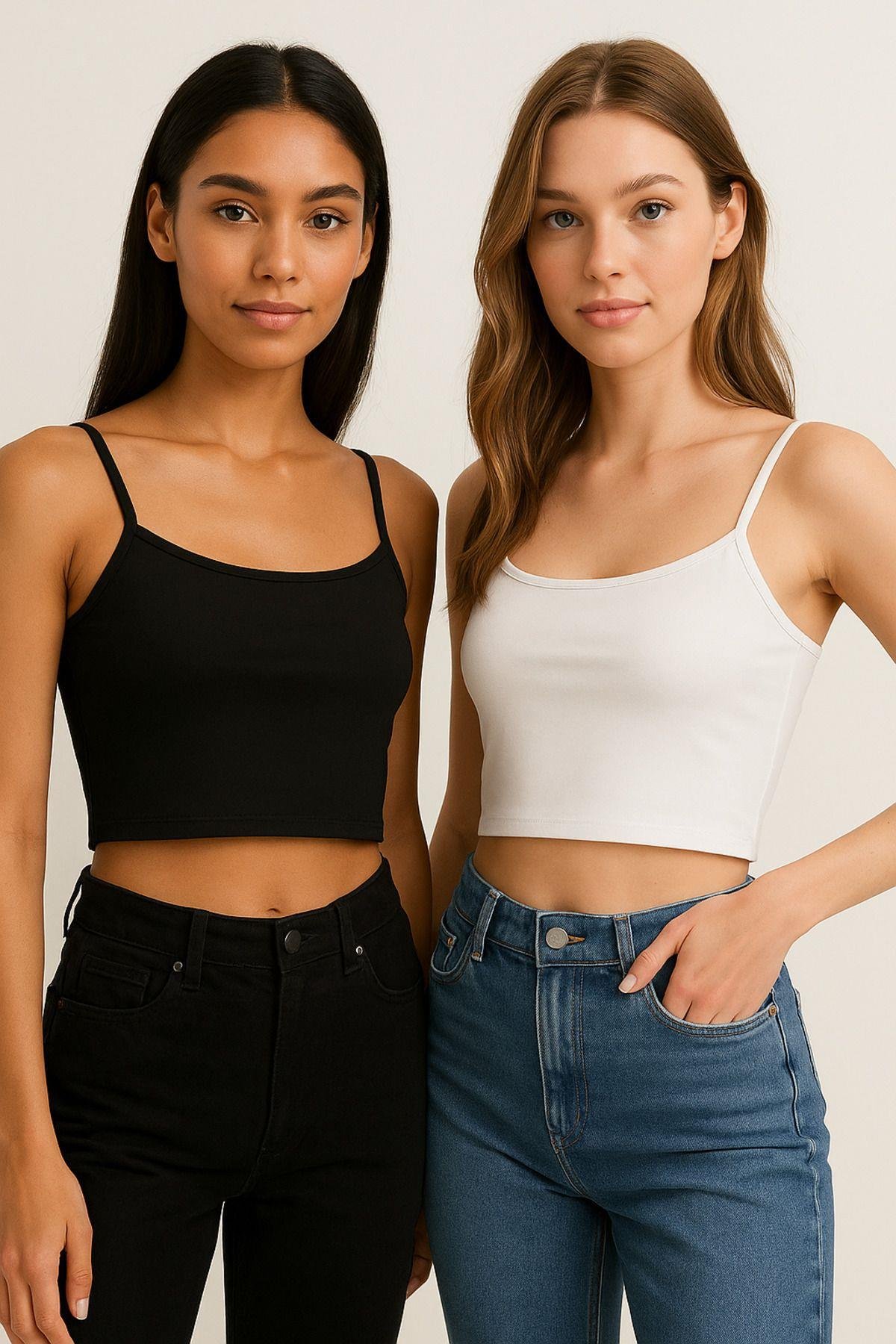 Kadın 2'li Paket Siyah Beyaz Kısa Crop İp Askılı Krop Bluz Büstiyer