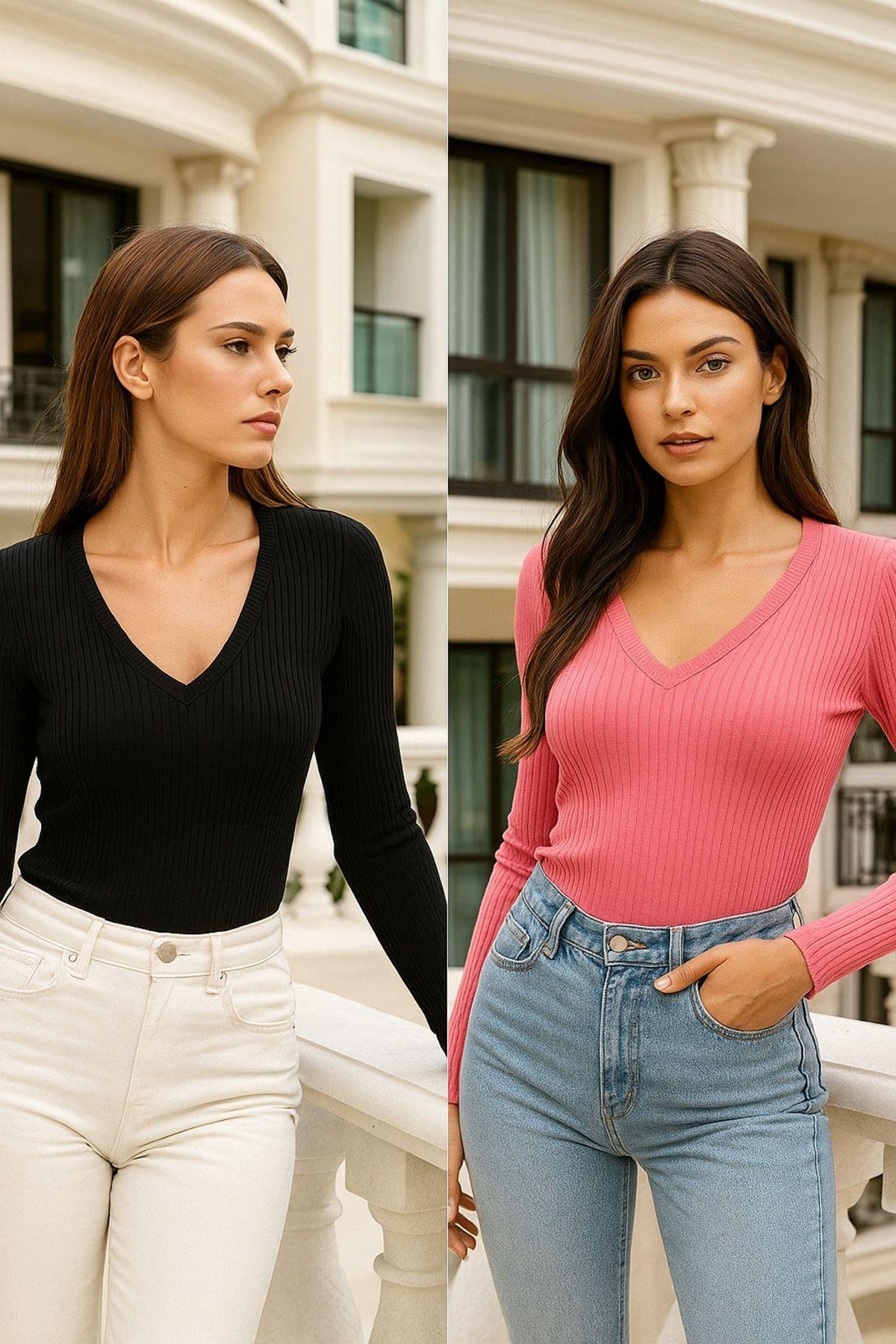 Kadın 2'li Siyah-Pembe Basic Paket Pamuklu Nefes Alabilen Kumaş - Vücudu Saran Uzun Kollu Bluz