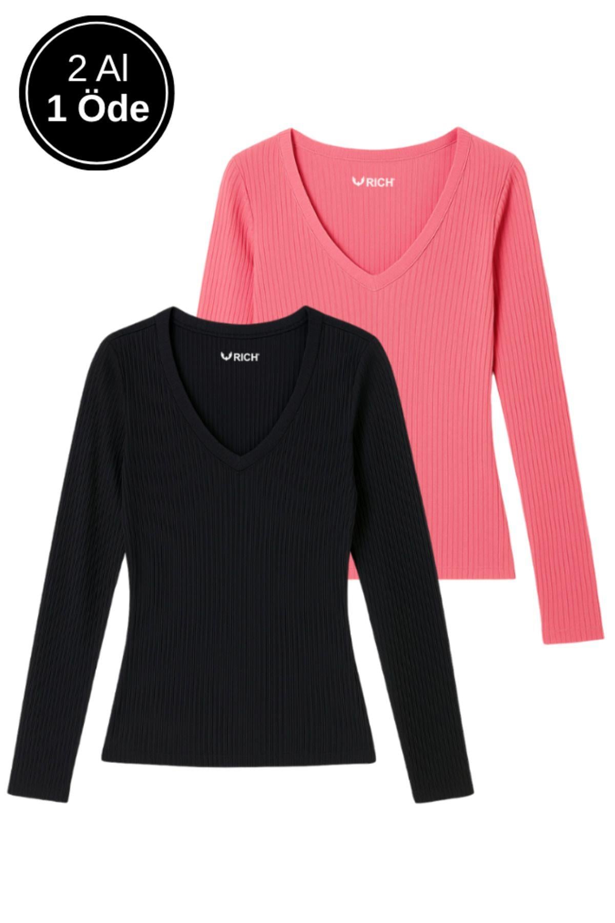 Kadın 2'li Siyah-Pembe Basic Paket Pamuklu Nefes Alabilen Kumaş - Vücudu Saran Uzun Kollu Bluz