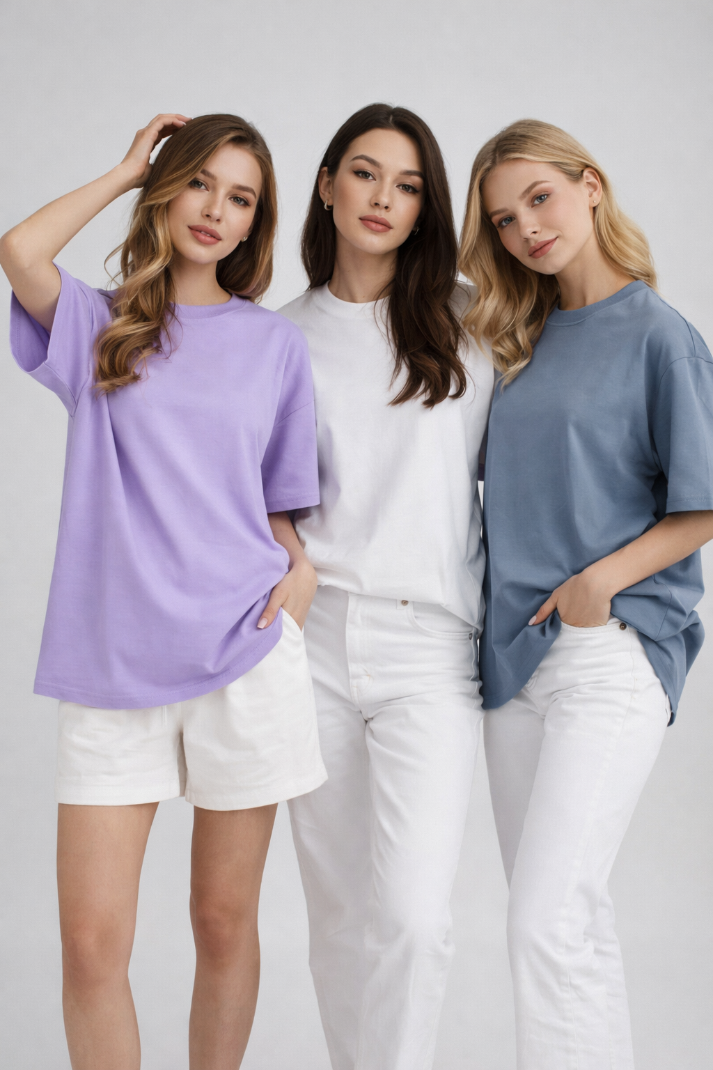 Kadın 3'lü Paket Antrasit-Beyaz-Lila %100 Pamuk Oversize Basic Tişört Bisiklet Yaka Relaxed T-Shirt