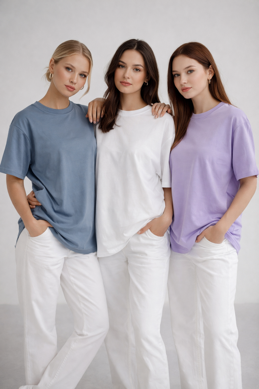 Kadın 3'lü Paket Antrasit-Beyaz-Lila %100 Pamuk Oversize Basic Tişört Bisiklet Yaka Relaxed T-Shirt
