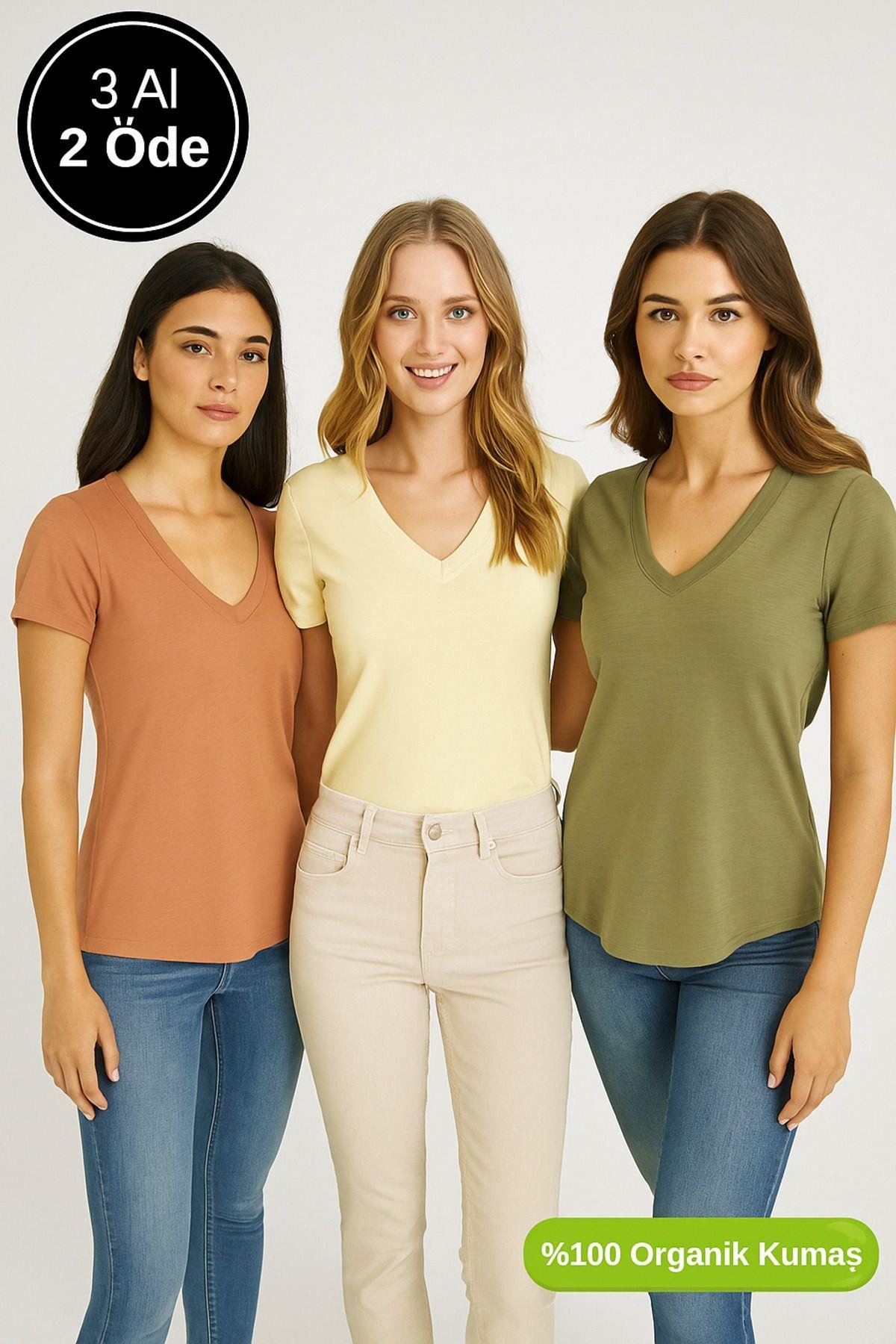 Kadın 3'lü Paket Haki-Sarı-Kahverengi %100 Organik Pamuk Normal Kesim Tişört V Yaka T-Shirt