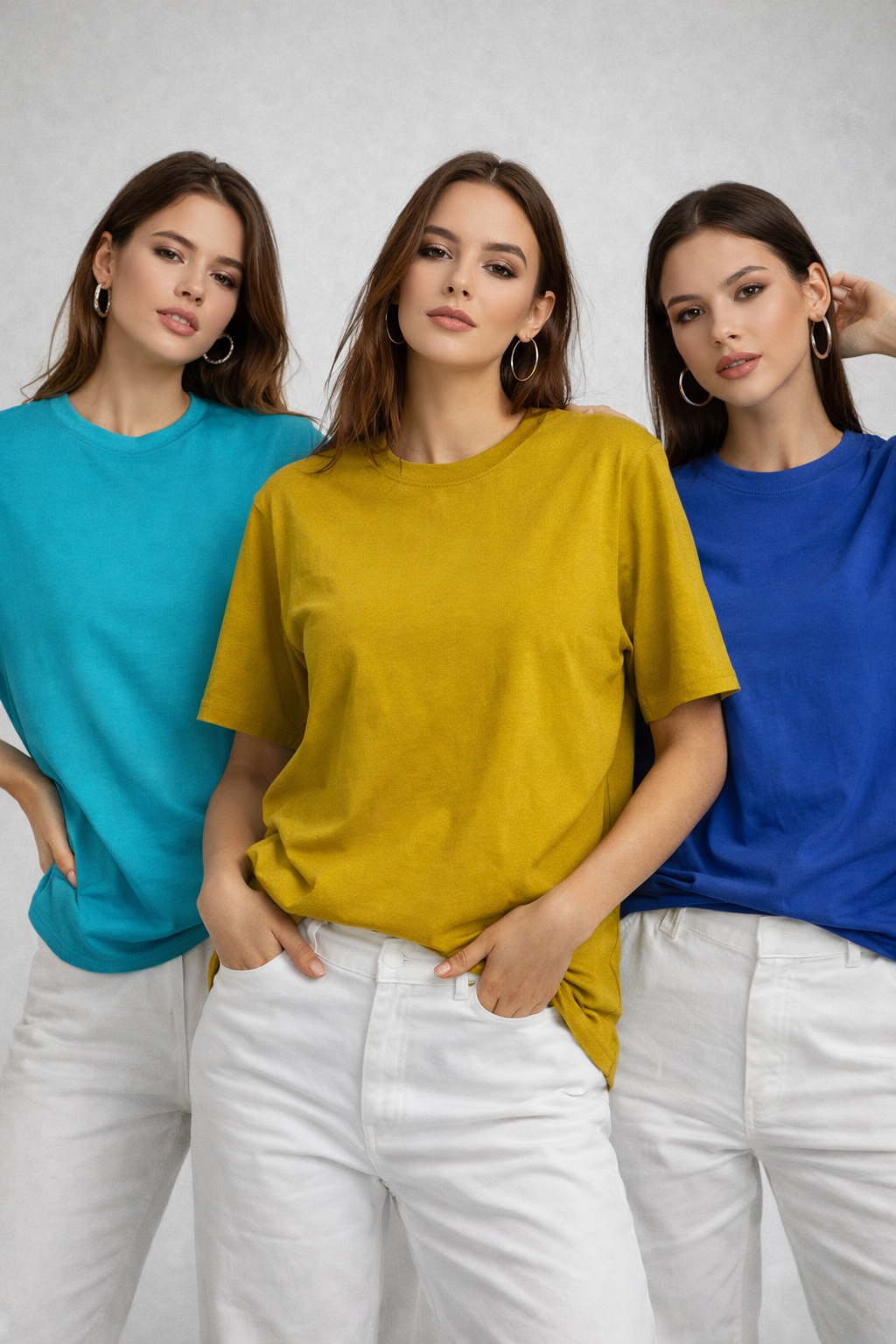 Kadın 3'lü Paket Hardal-Turkuaz-Saks Mavi %100 Pamuk Oversize Basic Tişört Bisiklet Yaka Relaxed T-Shirt