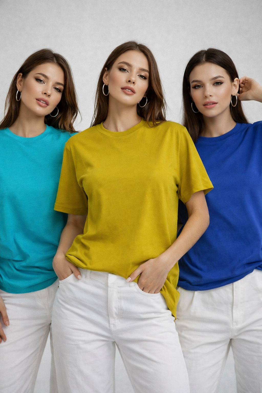 Kadın 3'lü Paket Hardal-Turkuaz-Saks Mavi %100 Pamuk Oversize Basic Tişört Bisiklet Yaka Relaxed T-Shirt