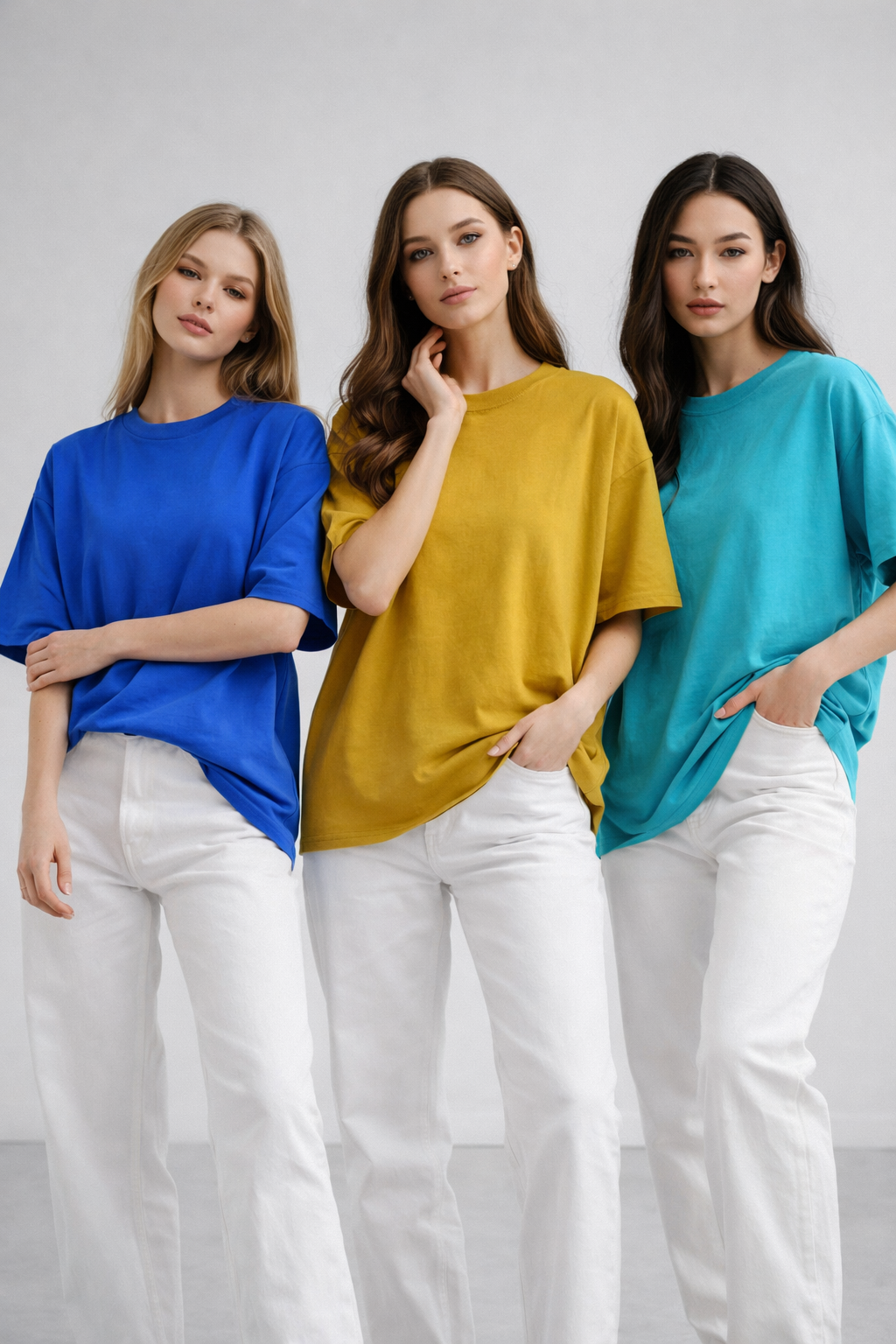 Kadın 3'lü Paket Hardal-Turkuaz-Saks Mavi %100 Pamuk Oversize Basic Tişört Bisiklet Yaka Relaxed T-Shirt