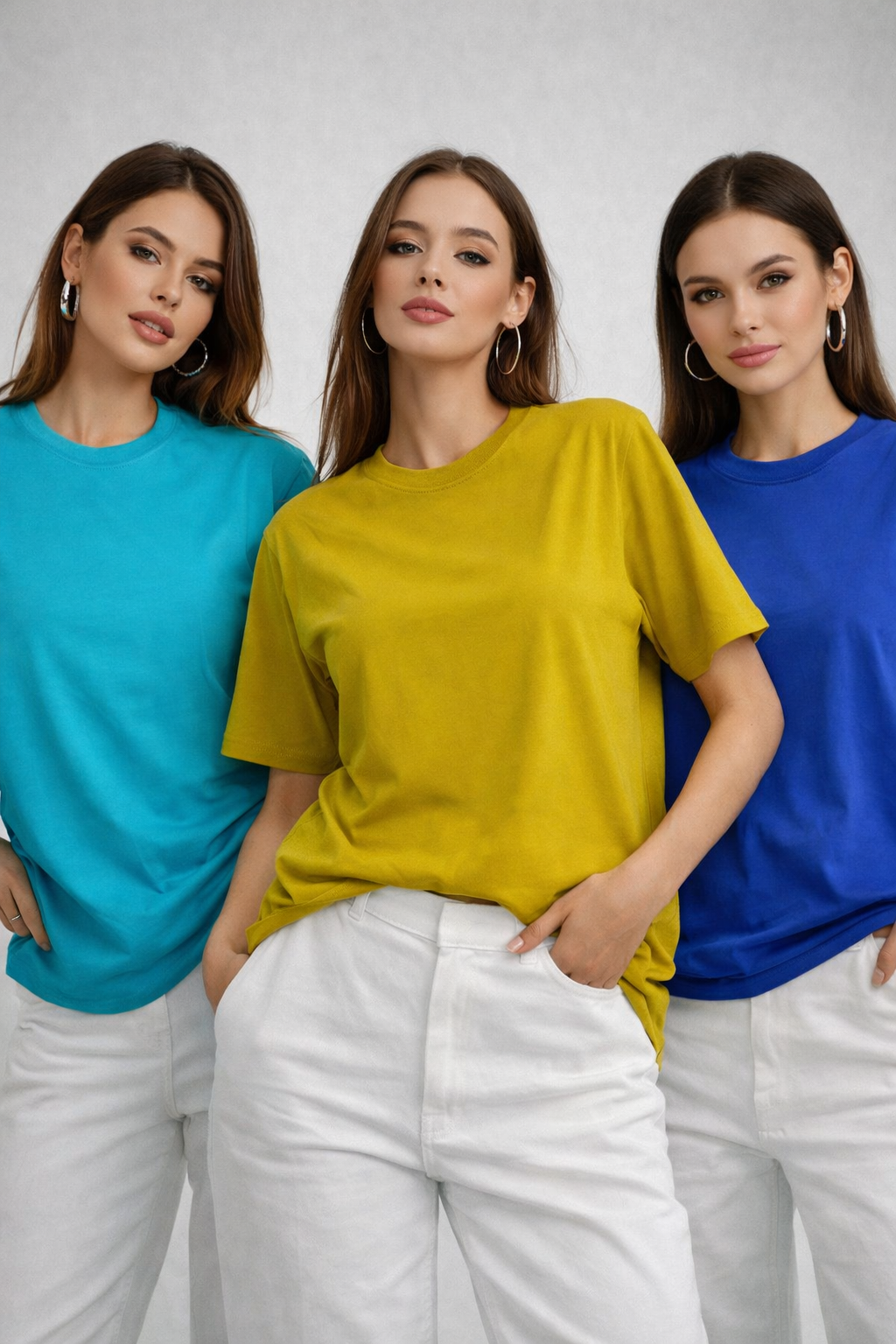 Kadın 3'lü Paket Hardal-Turkuaz-Saks Mavi %100 Pamuk Oversize Basic Tişört Bisiklet Yaka Relaxed T-Shirt