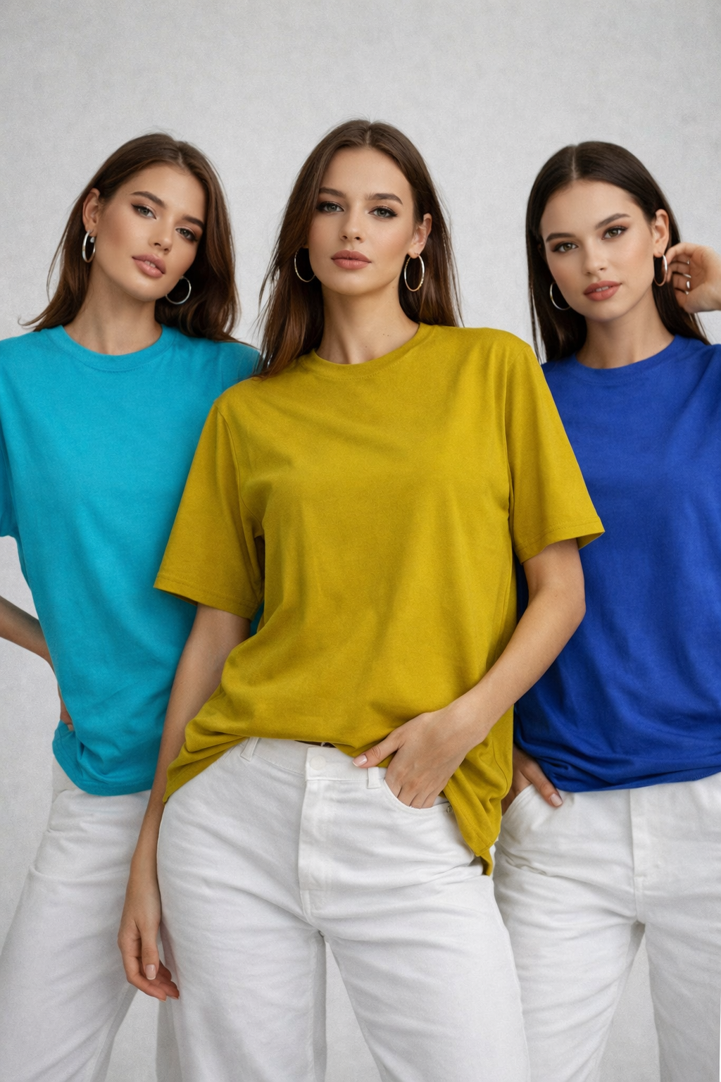 Kadın 3'lü Paket Hardal-Turkuaz-Saks Mavi %100 Pamuk Oversize Basic Tişört Bisiklet Yaka Relaxed T-Shirt