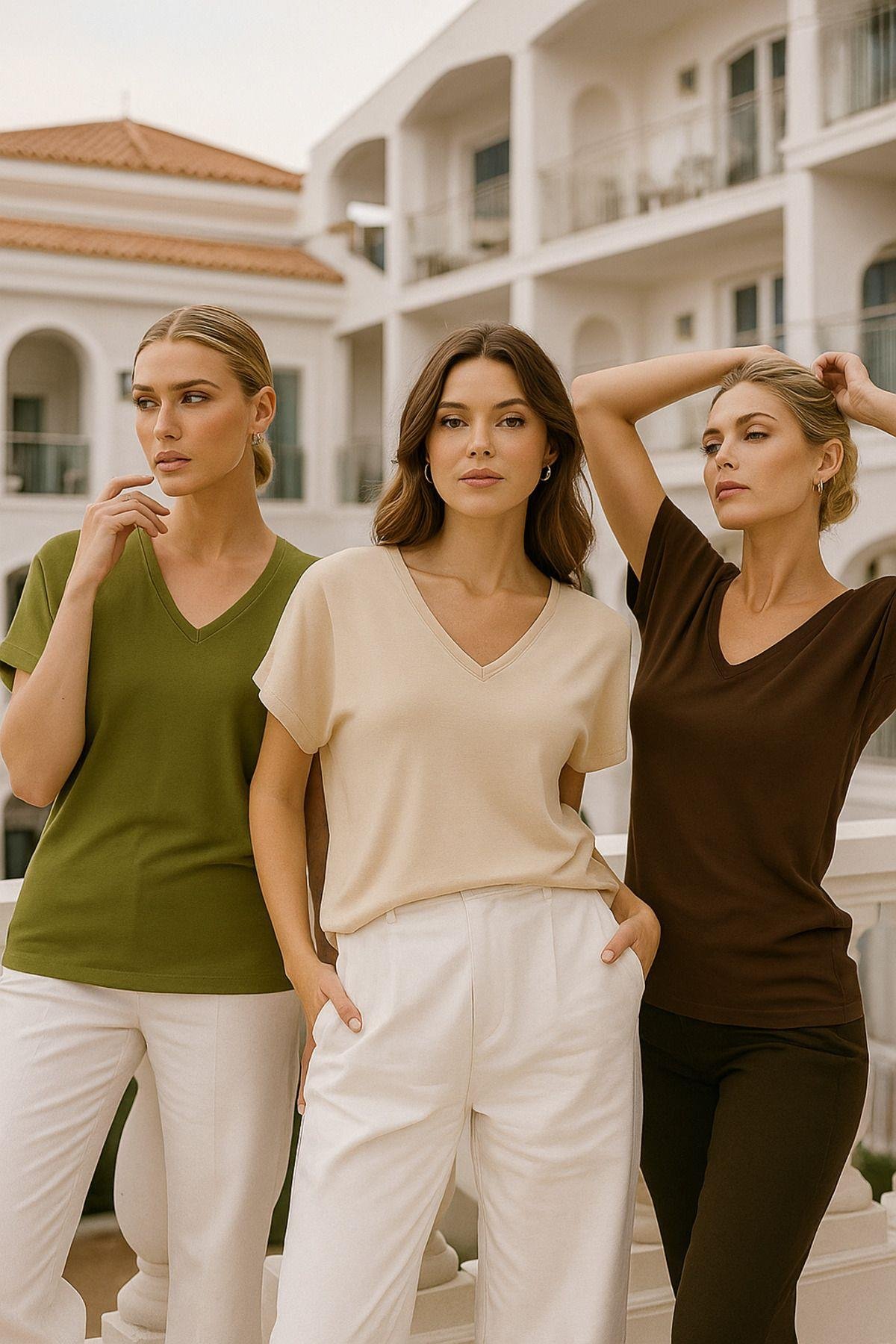 Kadın 3'lü Paket Kahverengi-Haki-Bej Viskon Ön Arka V Yakalı T-shirt Yarasa Kol Relaxed Bluz