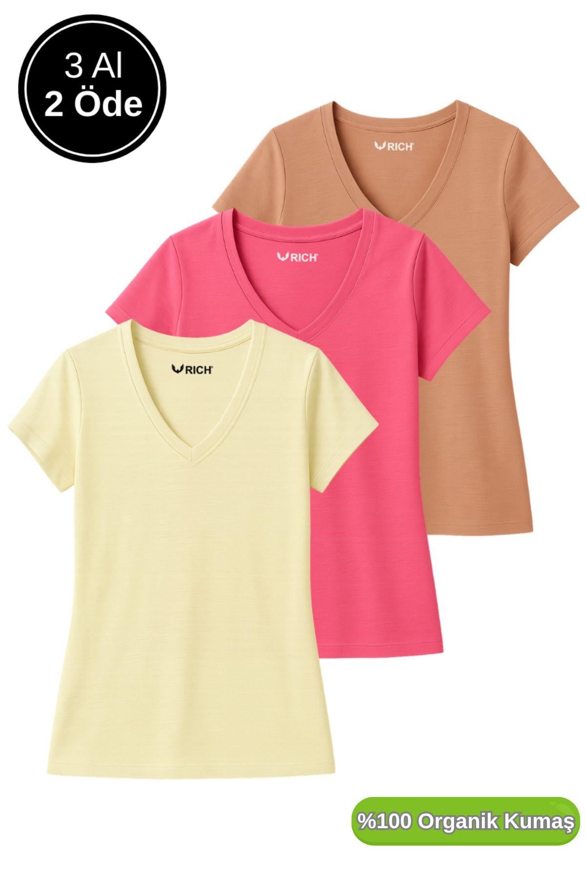 Kadın 3'lü Paket Kahverengi-Sarı-Pembe %100 Organik Pamuk Normal Kesim Tişört V Yaka T-Shirt
