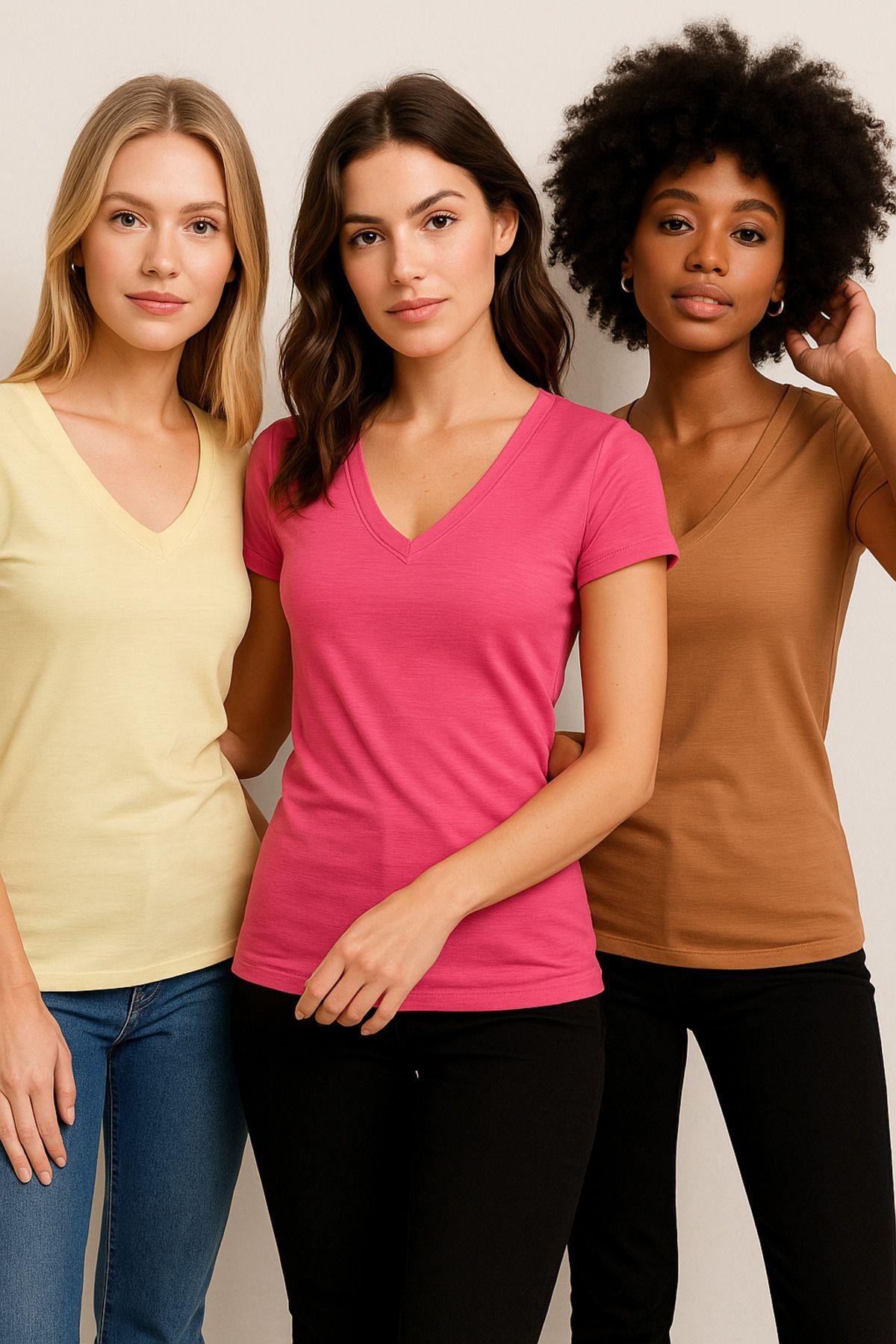 Kadın 3'lü Paket Kahverengi-Sarı-Pembe %100 Organik Pamuk Normal Kesim Tişört V Yaka T-Shirt