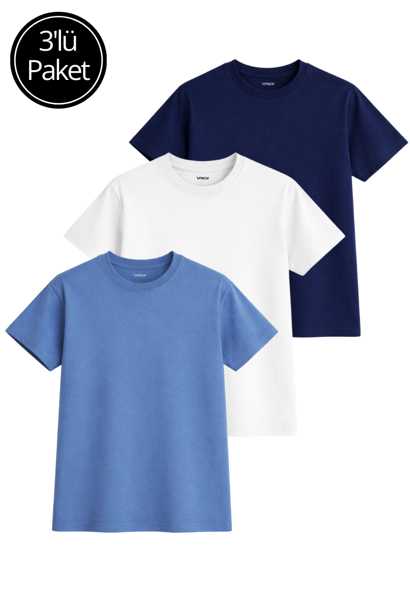 Kadın 3'lü Paket Lacivert-Mavi-Beyaz %100 Pamuk Oversize Basic Tişört Bisiklet Yaka Relaxed T-Shirt