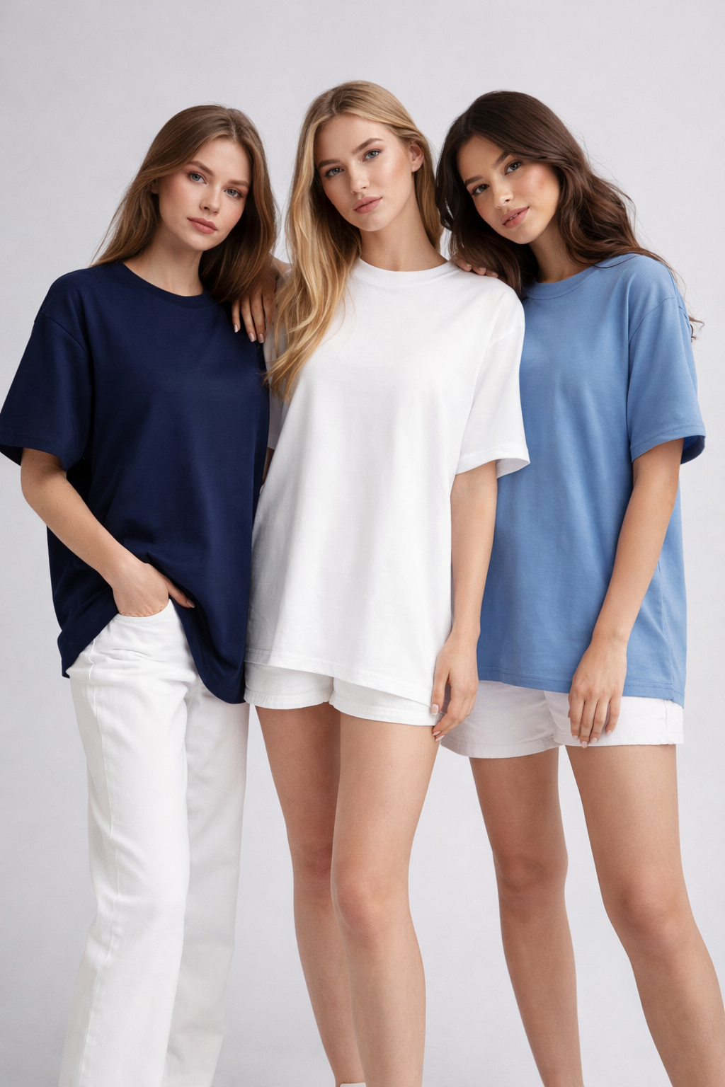 Kadın 3'lü Paket Lacivert-Mavi-Beyaz %100 Pamuk Oversize Basic Tişört Bisiklet Yaka Relaxed T-Shirt