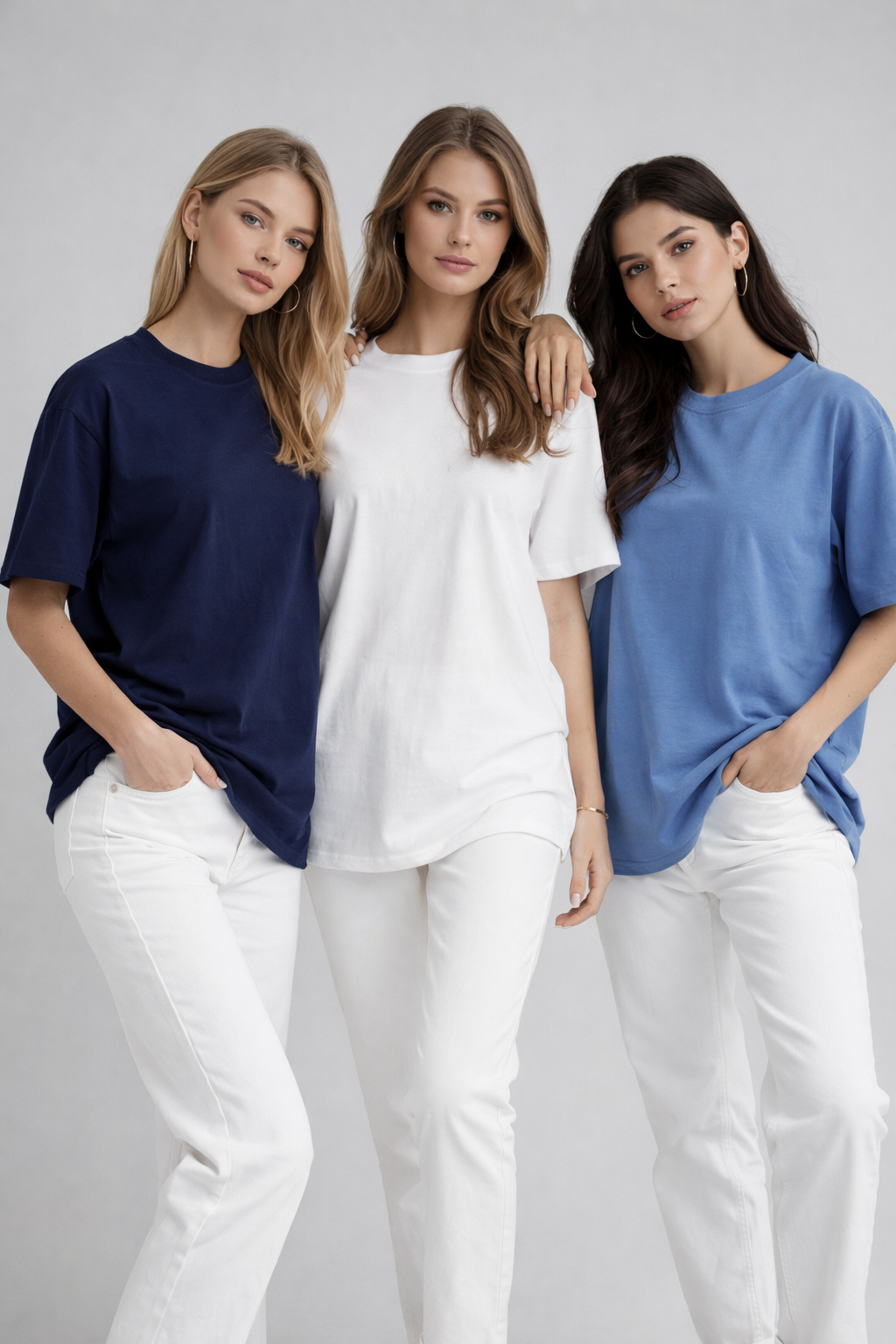 Kadın 3'lü Paket Lacivert-Mavi-Beyaz %100 Pamuk Oversize Basic Tişört Bisiklet Yaka Relaxed T-Shirt
