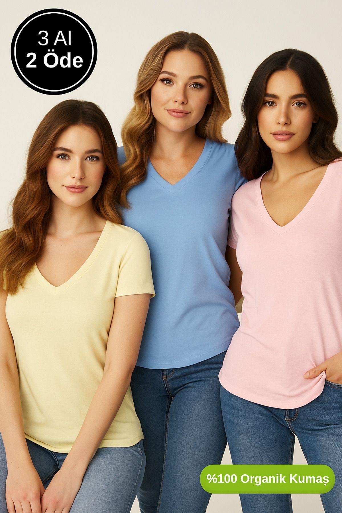 Kadın 3'lü Paket Mavi-Sarı-Pudra %100 Organik Pamuk Normal Kesim Tişört V Yaka T-Shirt