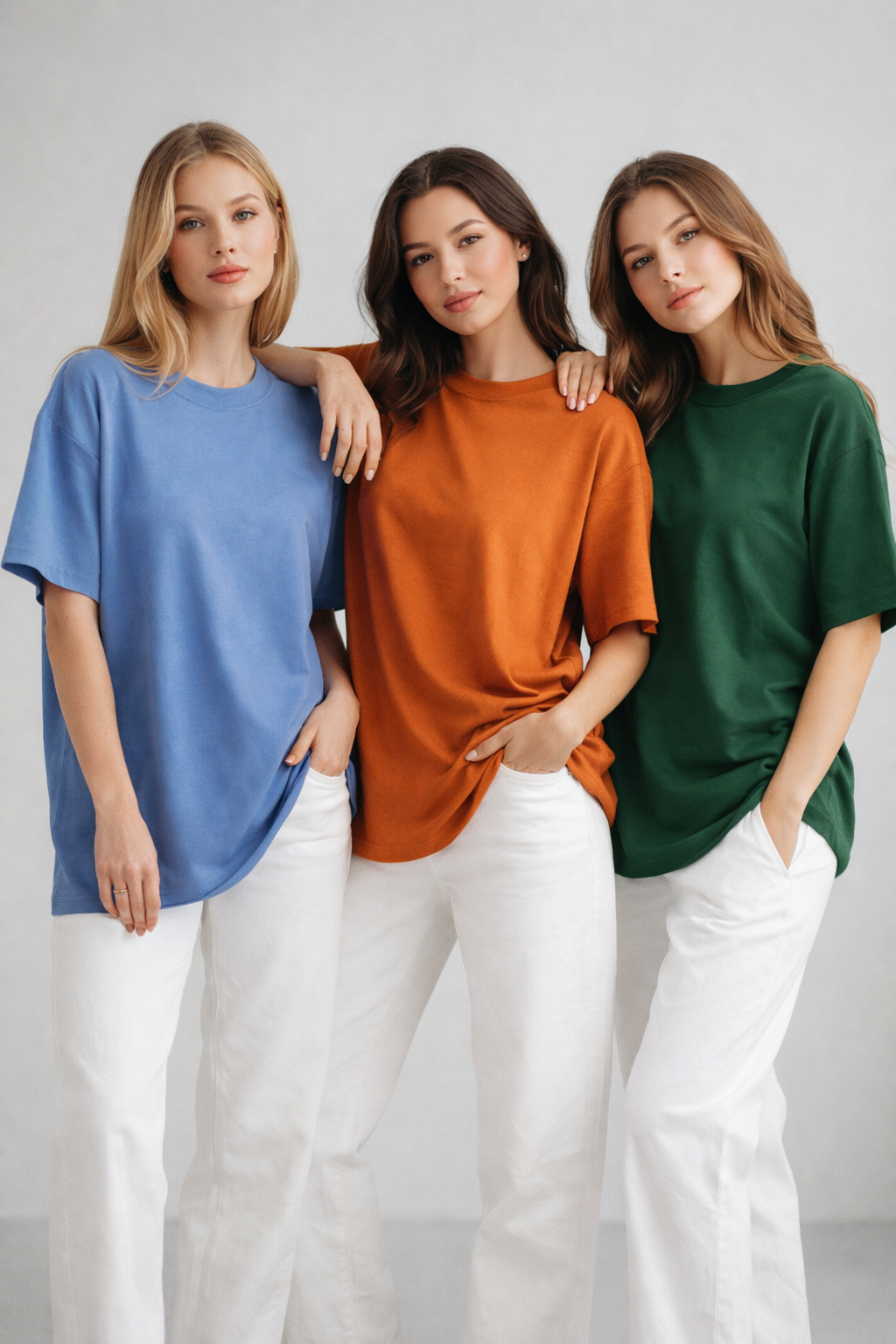 Kadın 3'lü Paket Mavi-Yeşil-Turuncu %100 Pamuk Oversize Basic Tişört Bisiklet Yaka Relaxed T-Shirt