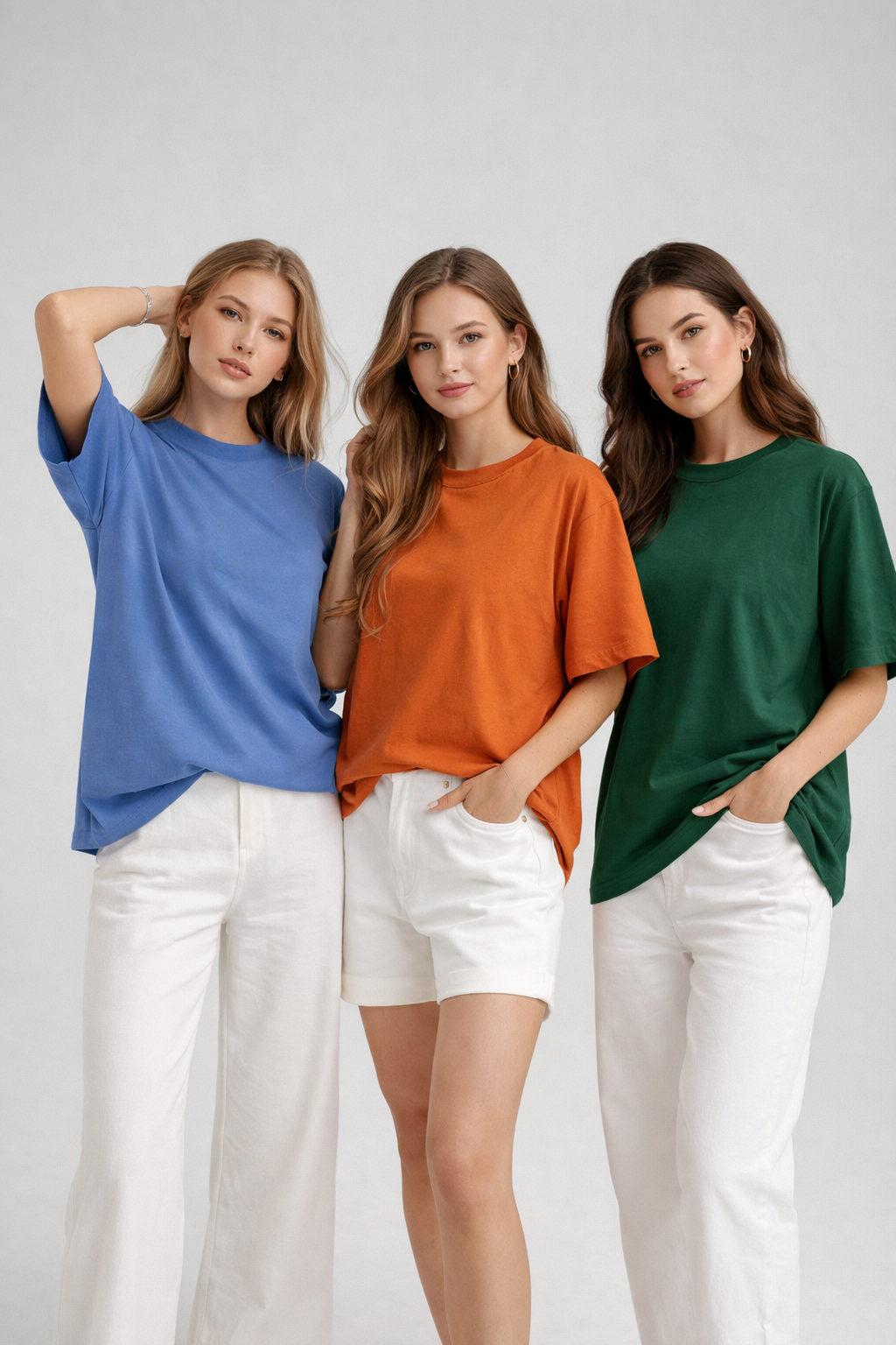 Kadın 3'lü Paket Mavi-Yeşil-Turuncu %100 Pamuk Oversize Basic Tişört Bisiklet Yaka Relaxed T-Shirt