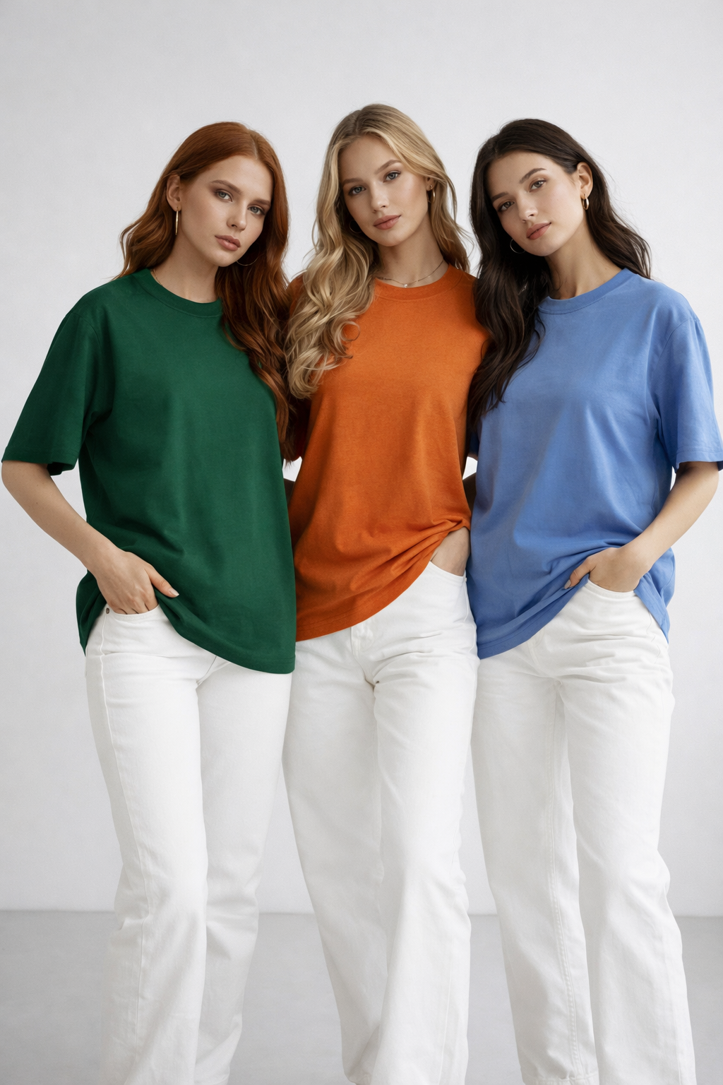 Kadın 3'lü Paket Mavi-Yeşil-Turuncu %100 Pamuk Oversize Basic Tişört Bisiklet Yaka Relaxed T-Shirt