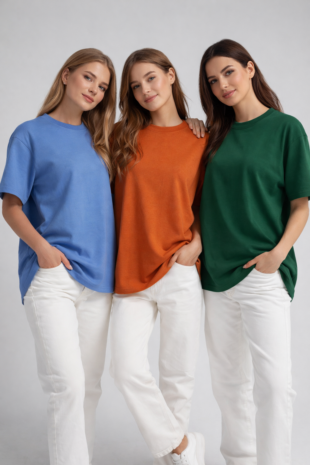 Kadın 3'lü Paket Mavi-Yeşil-Turuncu %100 Pamuk Oversize Basic Tişört Bisiklet Yaka Relaxed T-Shirt