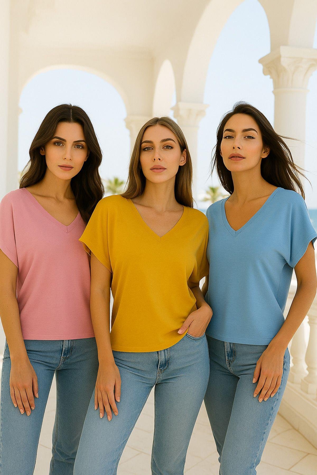 Kadın 3'lü Paket Pembe-Mavi-Hardal Viskon Ön Arka V Yakalı T-shirt Yarasa Kol Relaxed Bluz