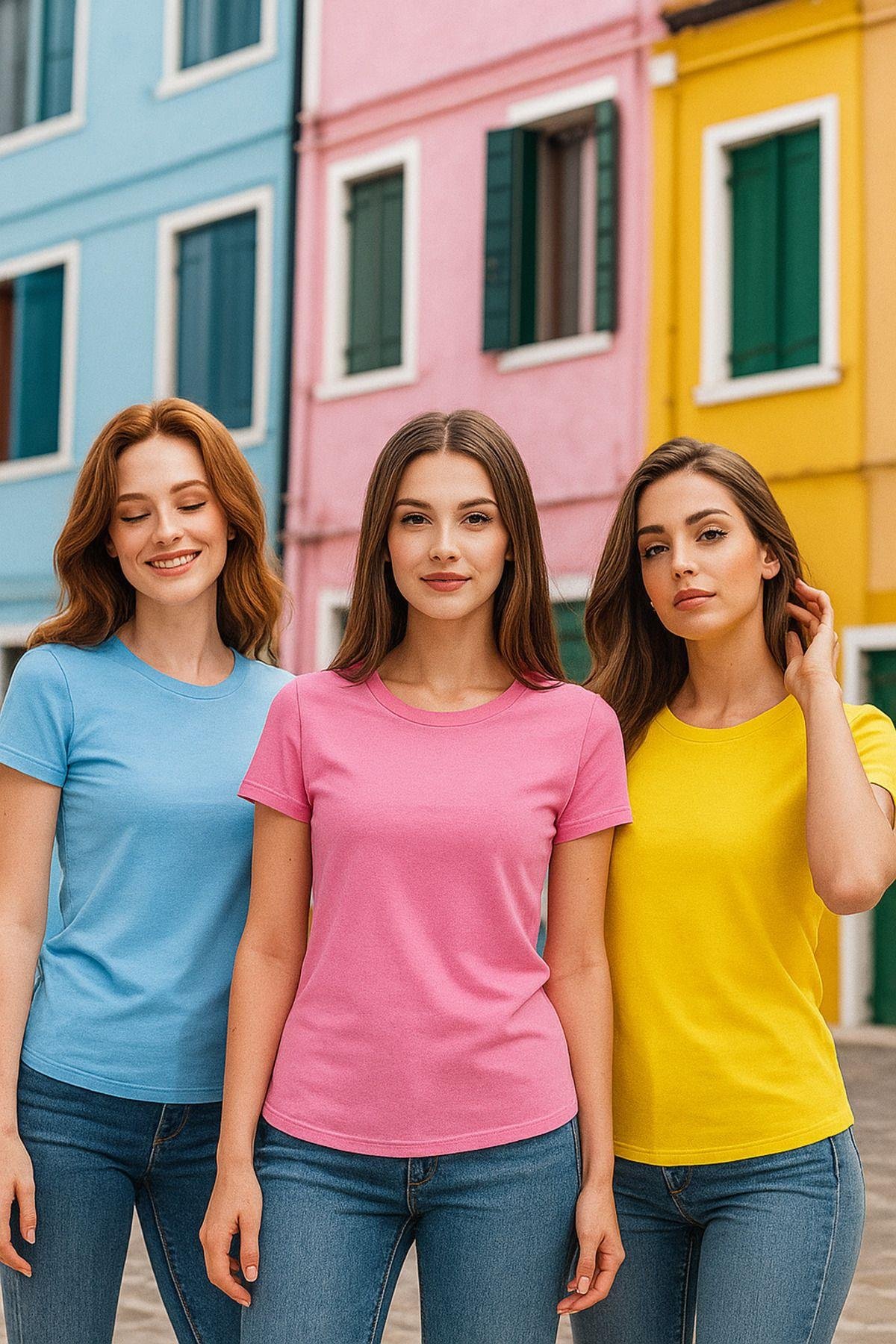 Kadın 3'lü Paket Sarı-Pembe-Mavi %100 Organik Pamuk Normal Kesim Tişört Bisiklet Yaka T-Shirt