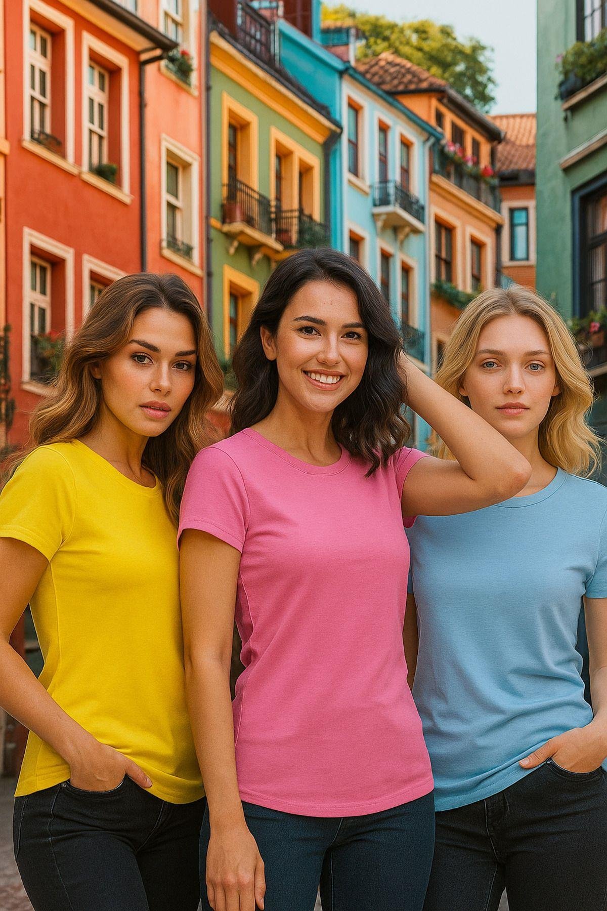 Kadın 3'lü Paket Sarı-Pembe-Mavi %100 Organik Pamuk Normal Kesim Tişört Bisiklet Yaka T-Shirt