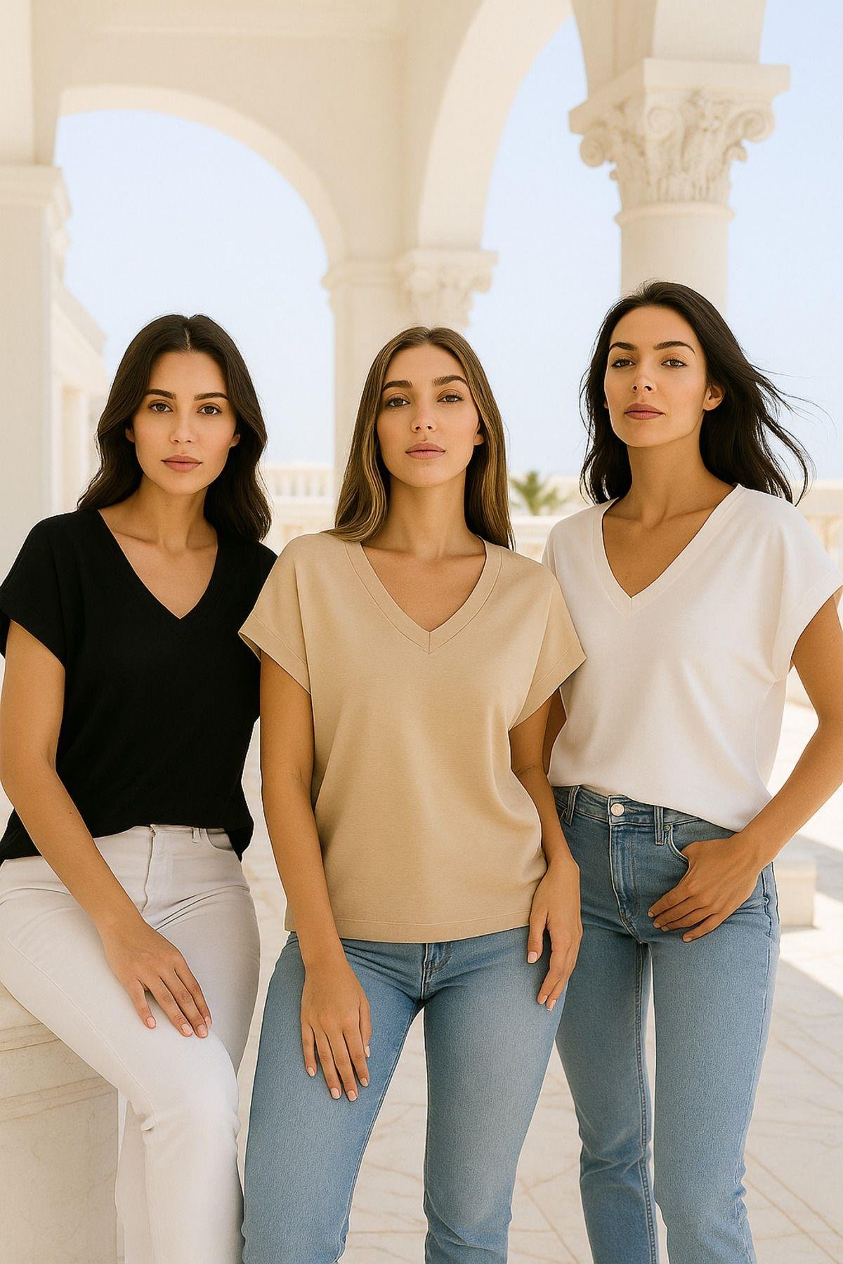 Kadın 3'lü Paket Siyah-beyaz-bej Viskon Ön Arka V Yakalı T-shirt Yarasa Kol Relaxed Bluz