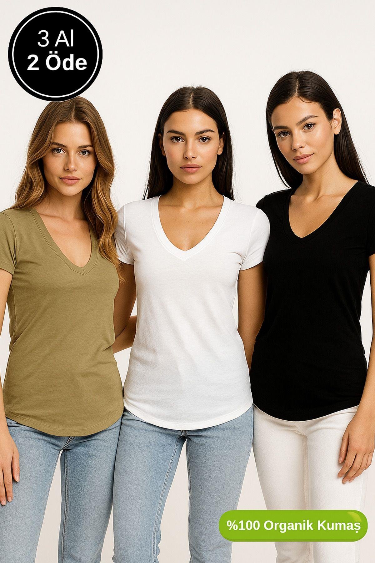 Kadın 3'lü Paket Siyah-Beyaz-Haki %100 Organik Pamuk Normal Kesim Tişört V Yaka T-Shirt