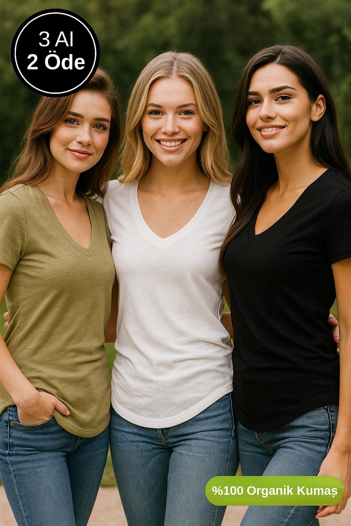 Kadın 3'lü Paket Siyah-Beyaz-Haki %100 Organik Pamuk Normal Kesim Tişört V Yaka T-Shirt