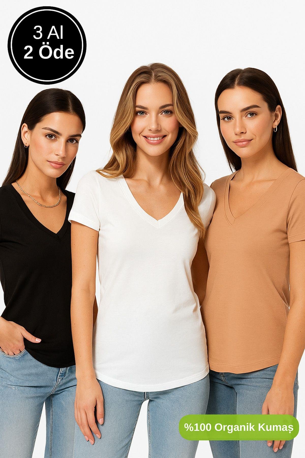 Kadın 3'lü Paket Siyah-Beyaz-Kahverengi %100 Organik Pamuk Normal Kesim Tişört V Yaka T-Shirt