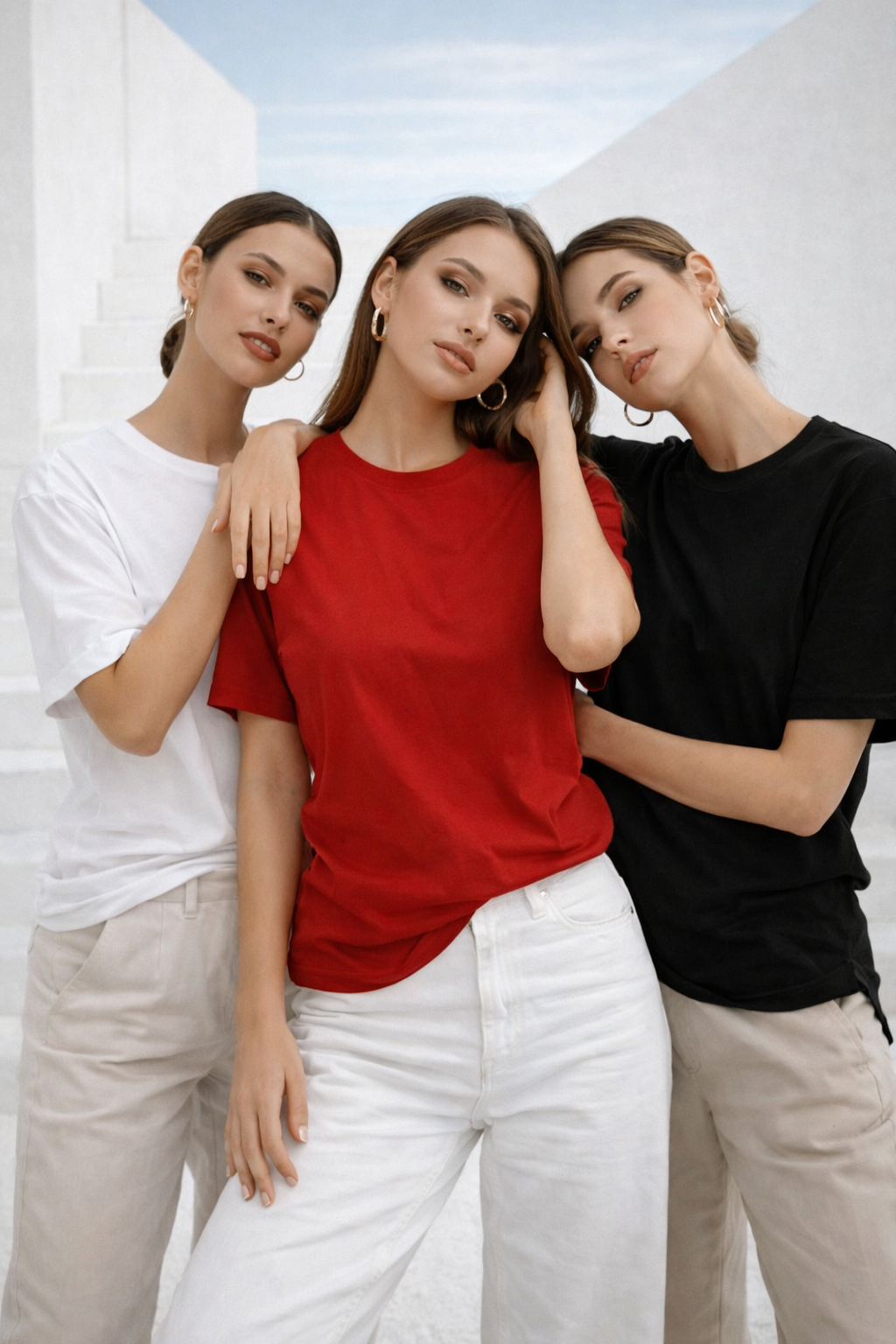 Kadın 3'lü Paket Siyah-Beyaz-Kırmızı %100 Pamuk Oversize Basic Tişört Bisiklet Yaka Relaxed T-Shirt
