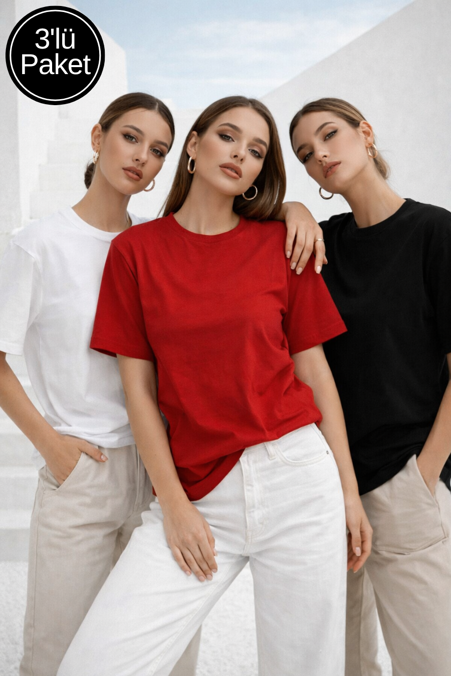 Kadın 3'lü Paket Siyah-Beyaz-Kırmızı %100 Pamuk Oversize Basic Tişört Bisiklet Yaka Relaxed T-Shirt