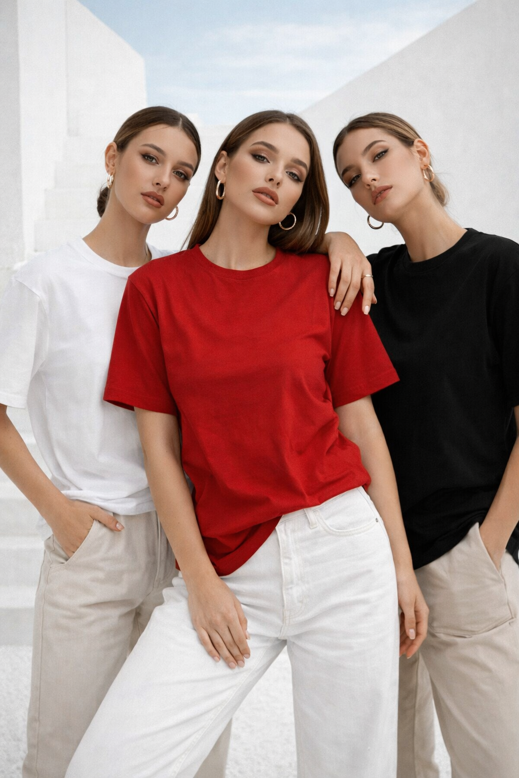 Kadın 3'lü Paket Siyah-Beyaz-Kırmızı %100 Pamuk Oversize Basic Tişört Bisiklet Yaka Relaxed T-Shirt