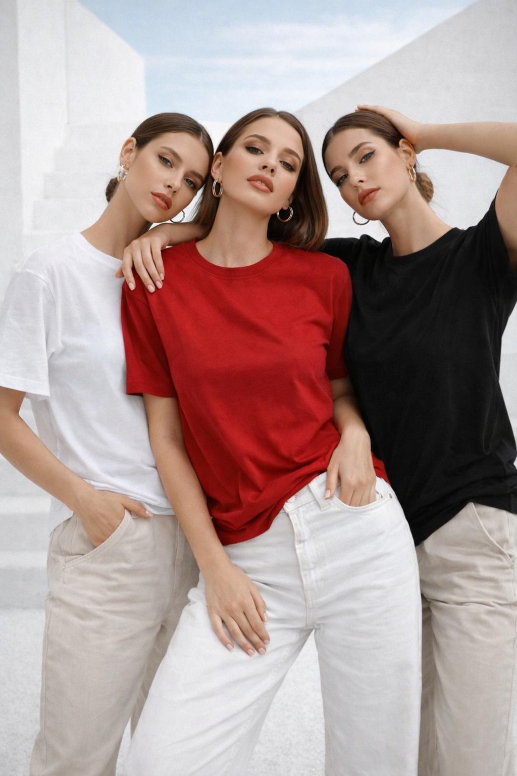 Kadın 3'lü Paket Siyah-Beyaz-Kırmızı %100 Pamuk Oversize Basic Tişört Bisiklet Yaka Relaxed T-Shirt