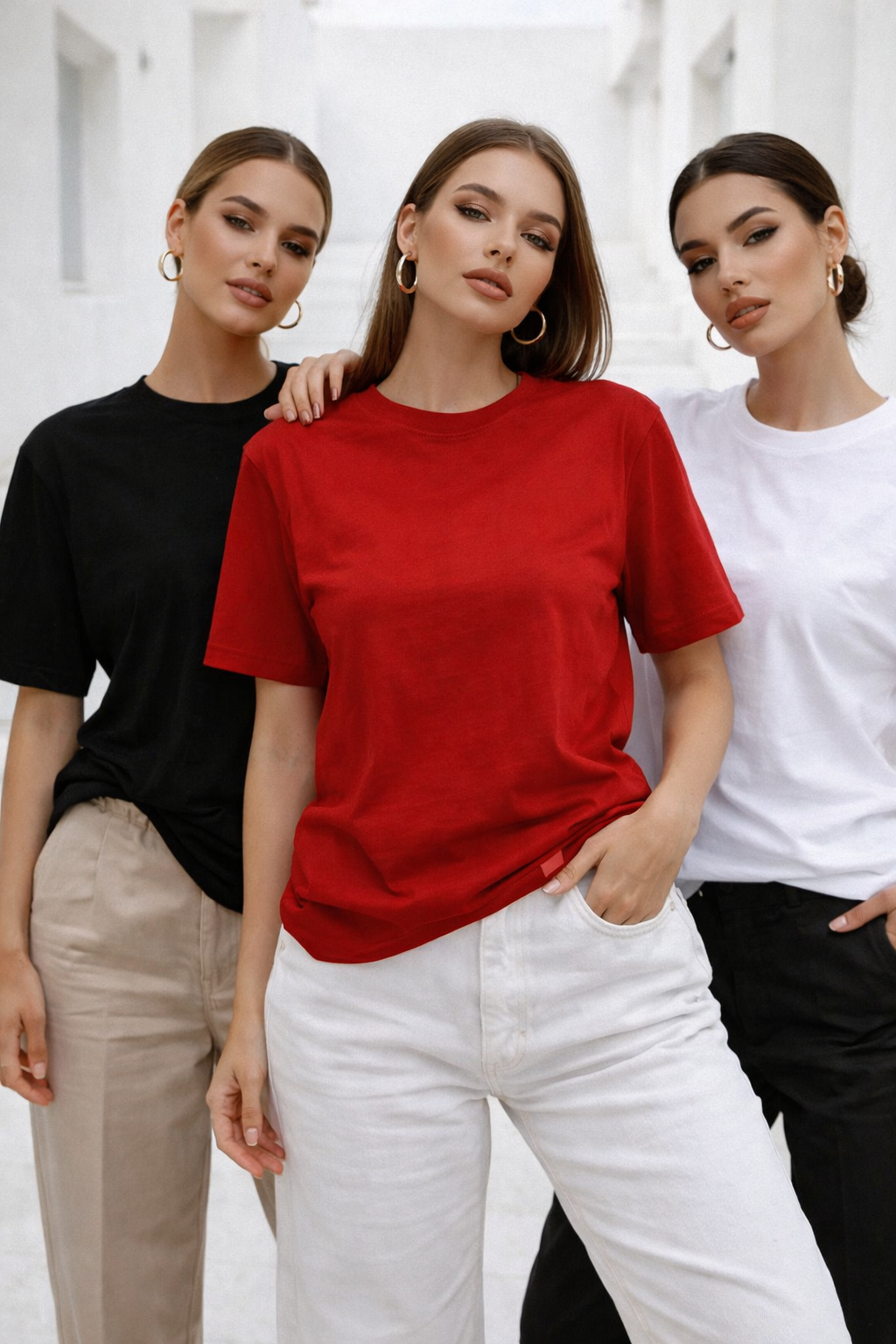 Kadın 3'lü Paket Siyah-Beyaz-Kırmızı %100 Pamuk Oversize Basic Tişört Bisiklet Yaka Relaxed T-Shirt