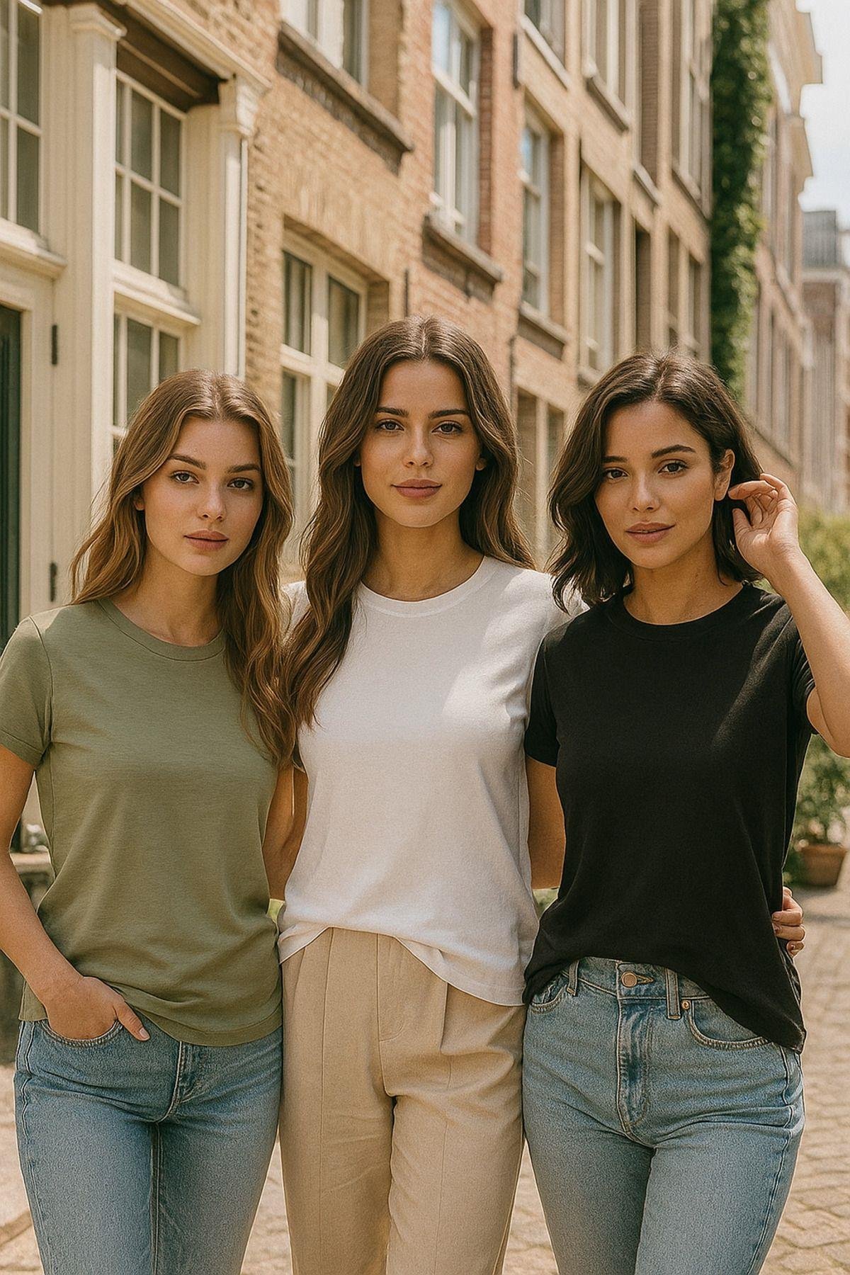 Kadın 3'lü Paket Siyah-Beyaz-Koyu Mint %100 Organik Pamuk Normal Kesim Tişört Bisiklet Yaka T-Shirt