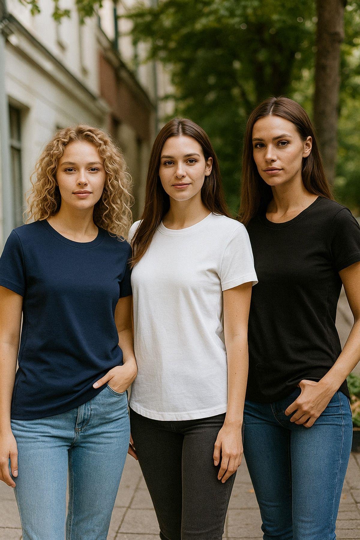 Kadın 3'lü Paket Siyah-Beyaz-Lacivert %100 Organik Pamuk Normal Kesim Tişört Bisiklet Yaka T-Shirt