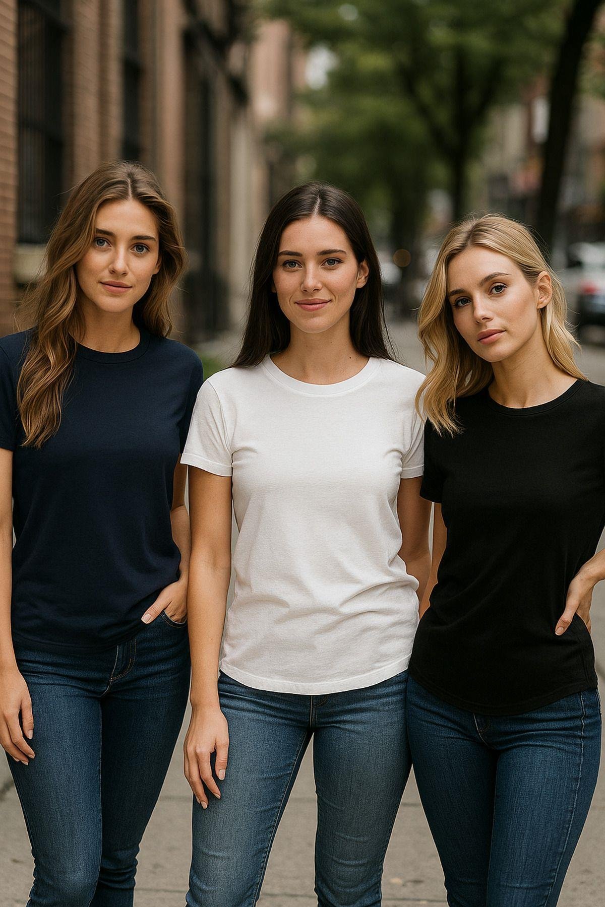 Kadın 3'lü Paket Siyah-Beyaz-Lacivert %100 Organik Pamuk Normal Kesim Tişört Bisiklet Yaka T-Shirt