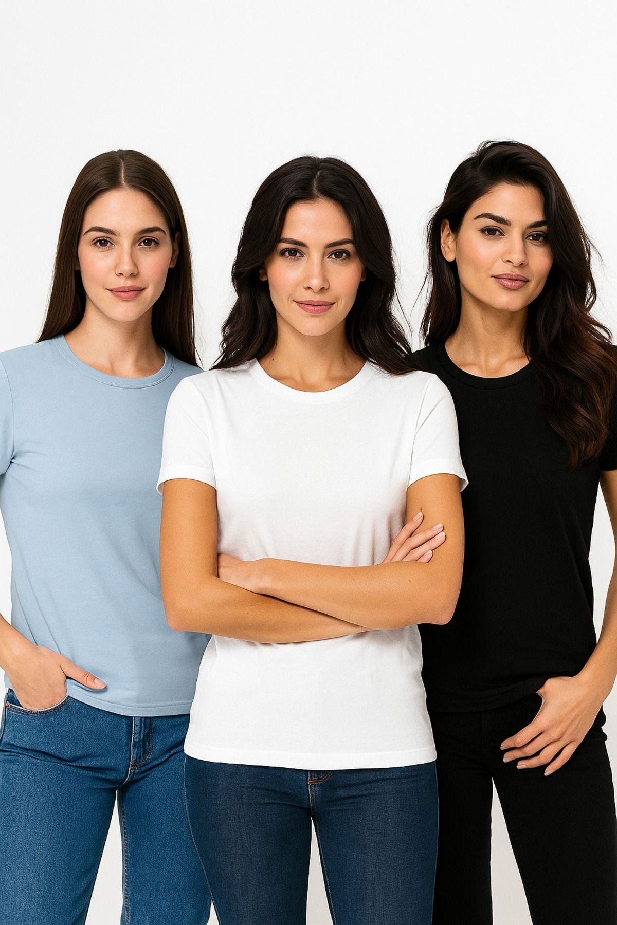 Kadın 3'lü Paket Siyah-Beyaz-Mavi %100 Organik Pamuk Normal Kesim Tişört Bisiklet Yaka T-Shirt