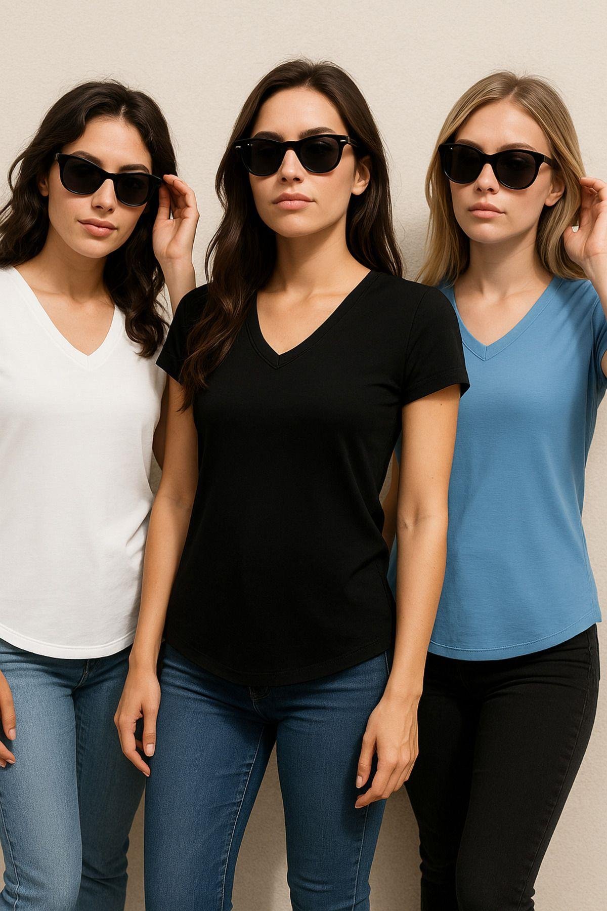 Kadın 3'lü Paket Siyah-Beyaz-Mavi %100 Organik Pamuk Normal Kesim Tişört V Yaka T-Shirt