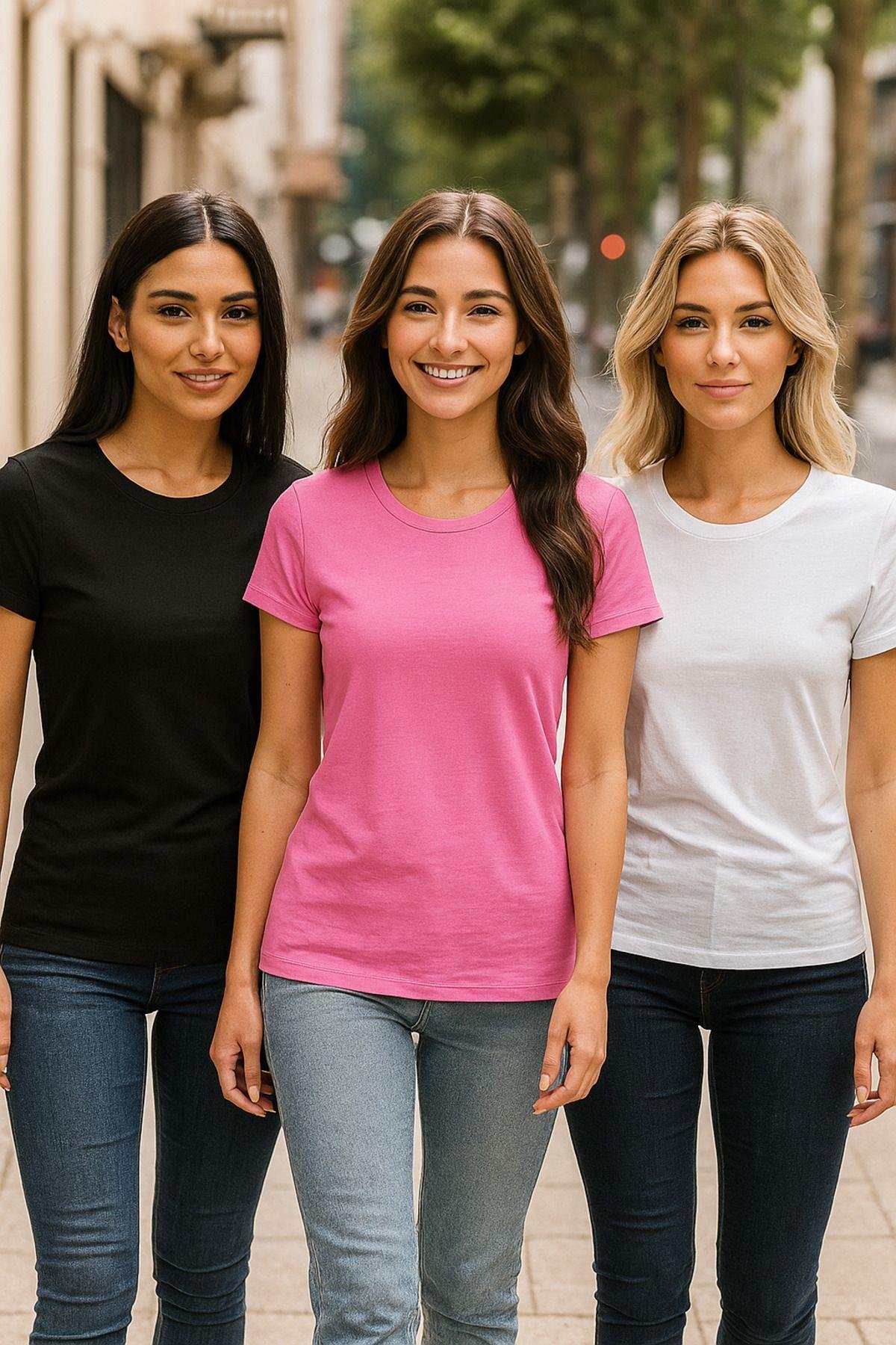 Kadın 3'lü Paket Siyah-Beyaz-Pembe %100 Organik Pamuk Normal Kesim Tişört Bisiklet Yaka T-Shirt
