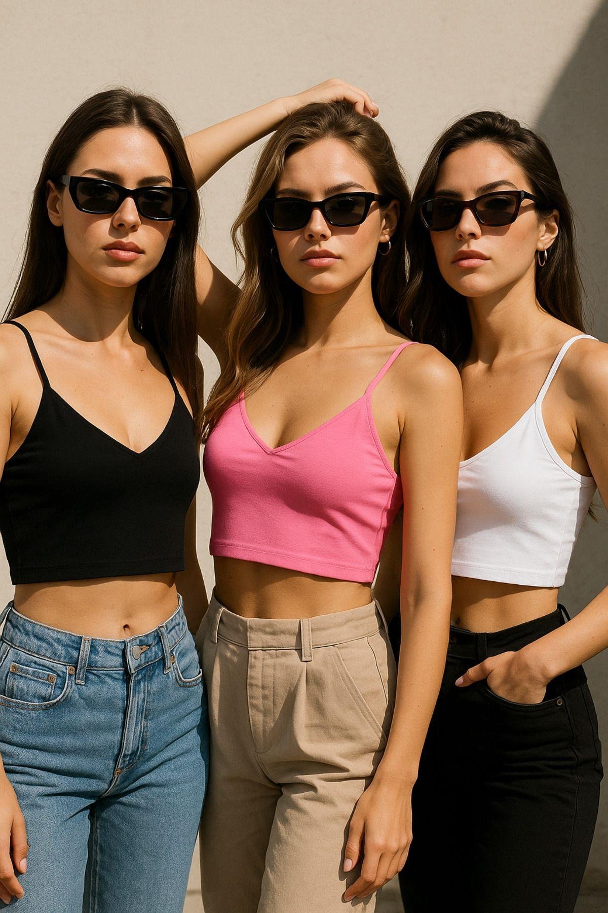 Kadın 3'lü Paket Siyah Beyaz Pembe Kısa Crop İp Askılı V Yaka Krop Bluz Büstiyer
