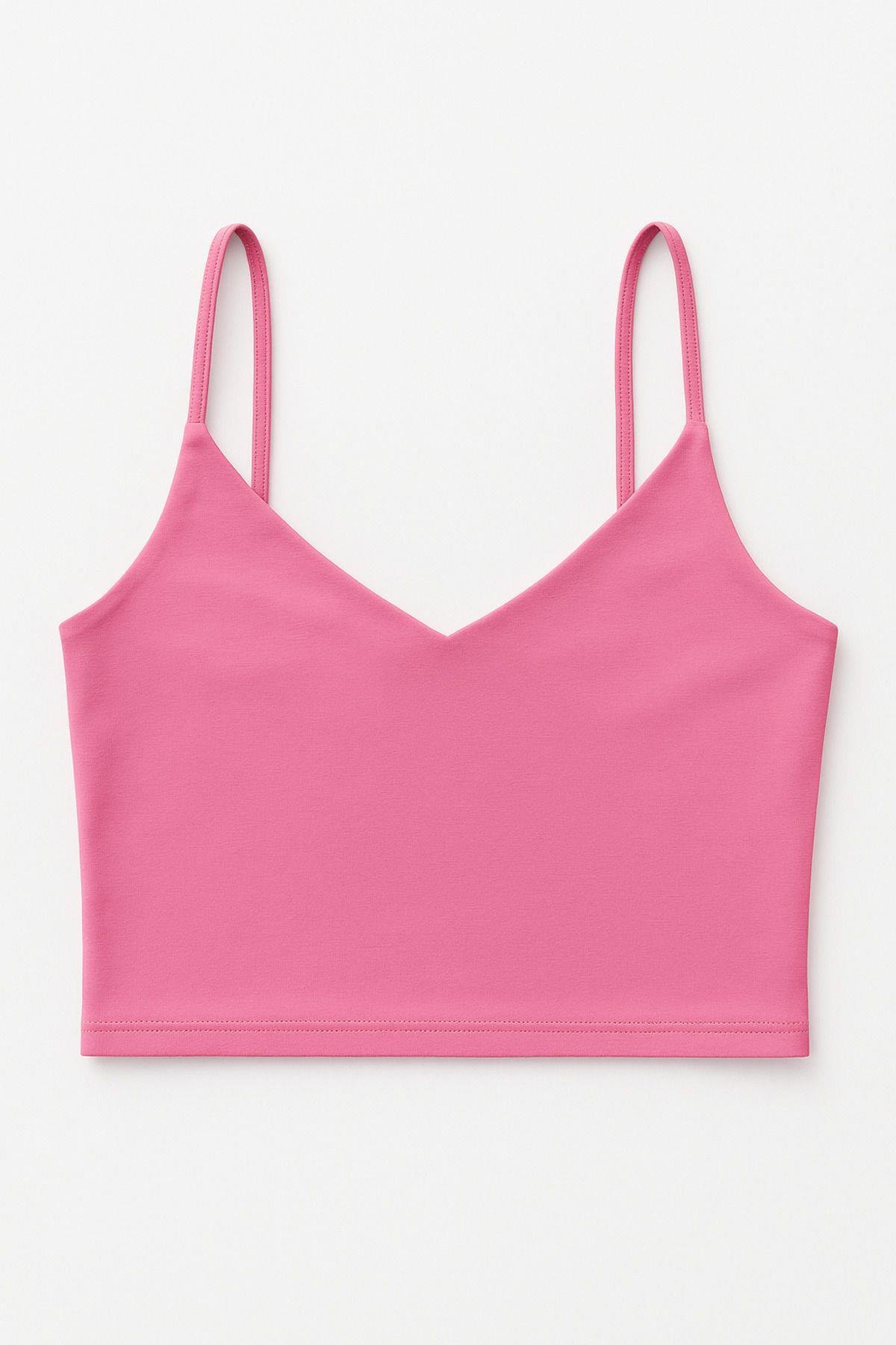 Kadın 3'lü Paket Siyah Beyaz Pembe Kısa Crop İp Askılı V Yaka Krop Bluz Büstiyer