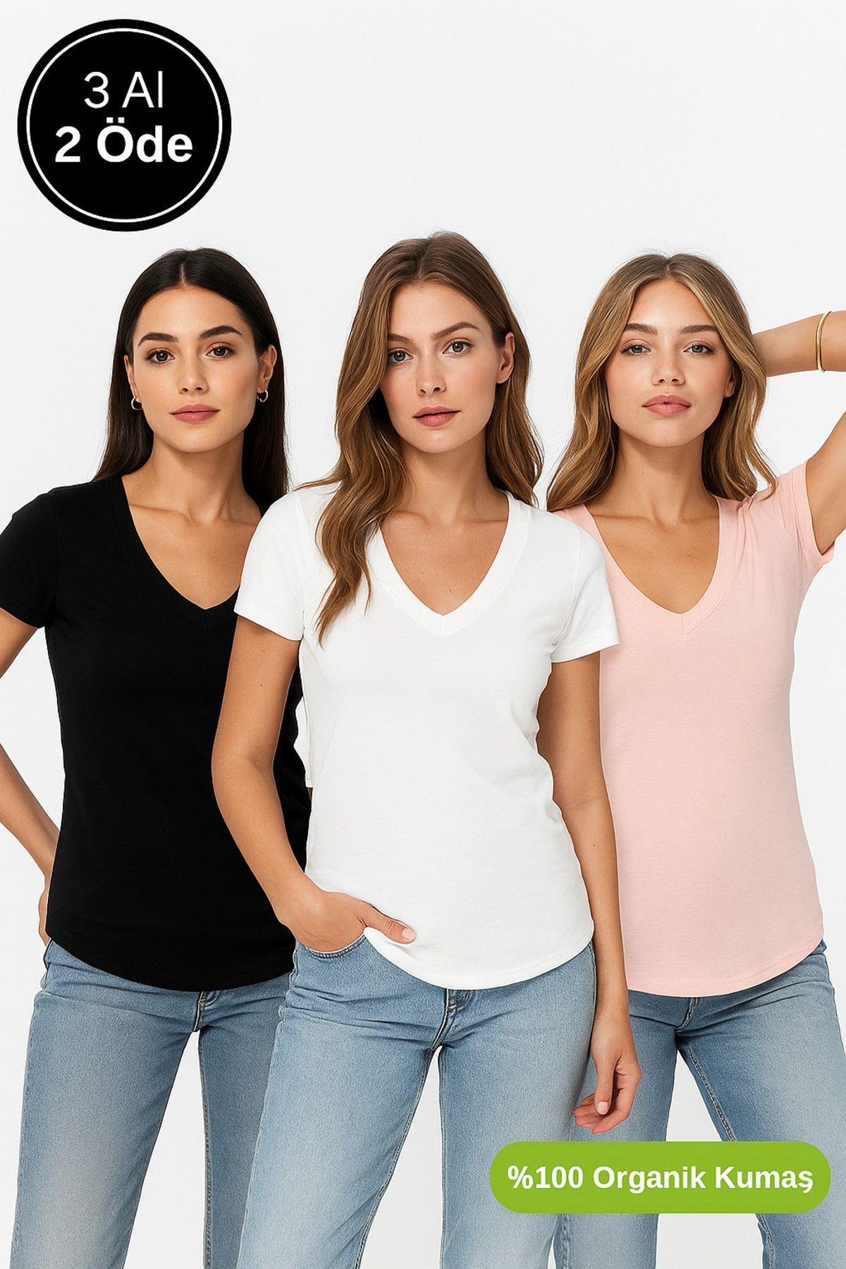Kadın 3'lü Paket Siyah-Beyaz-Pudra %100 Organik Pamuk Normal Kesim Tişört V Yaka T-Shirt