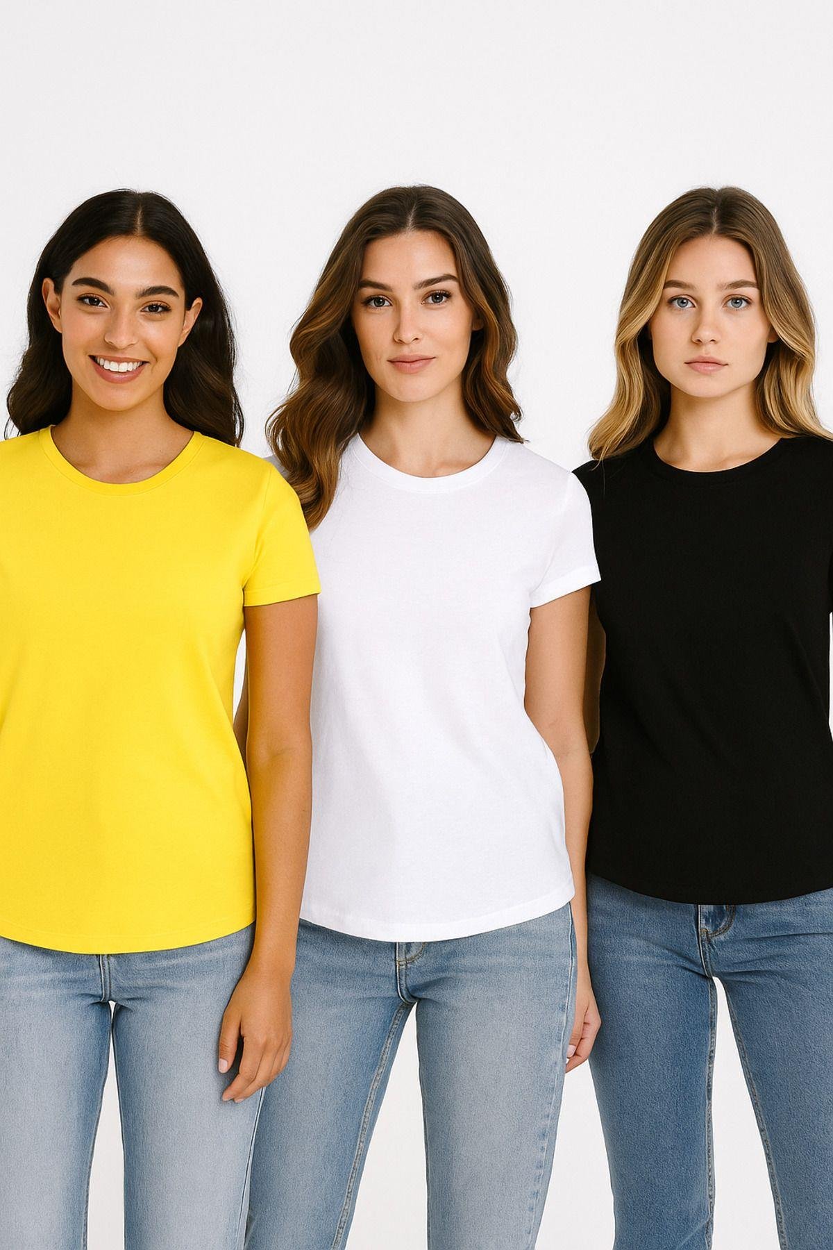 Kadın 3'lü Paket Siyah-Beyaz-Sarı %100 Organik Pamuk Normal Kesim Tişört Bisiklet Yaka T-Shirt
